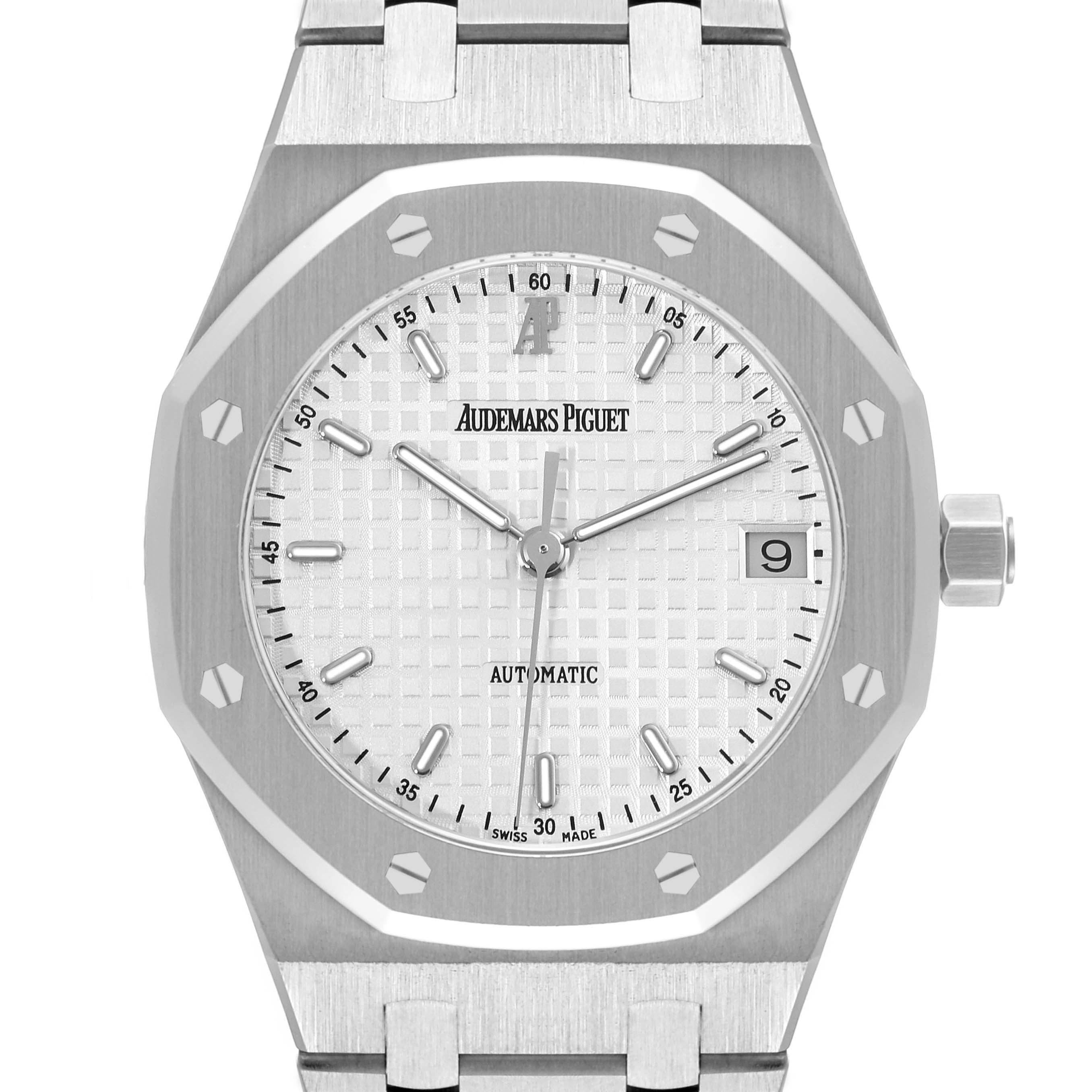 The image shows a frontal view of an Audemars Piguet Royal Oak 14790ST Men's Stainless Steel Silver Dial 14790ST Men's Stainless Steel Silver Dial watch, highlighting the dial, hands, bezel, crown, and bracelet.