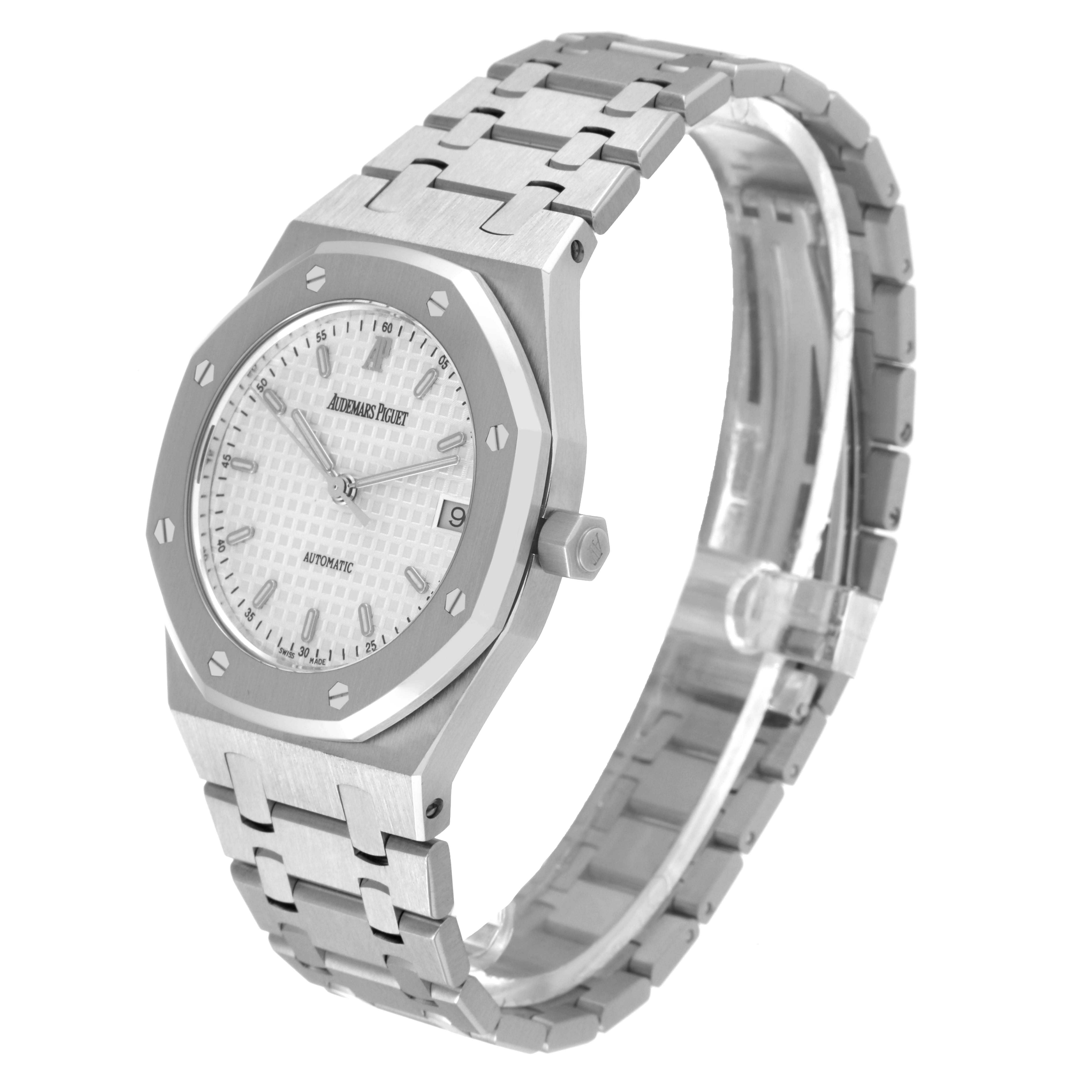 The image shows an angled view of the Audemars Piguet Royal Oak 14790ST Men's Stainless Steel Silver Dial 14790ST Men's Stainless Steel Silver Dial watch featuring the dial, bezel, crown, and bracelet.