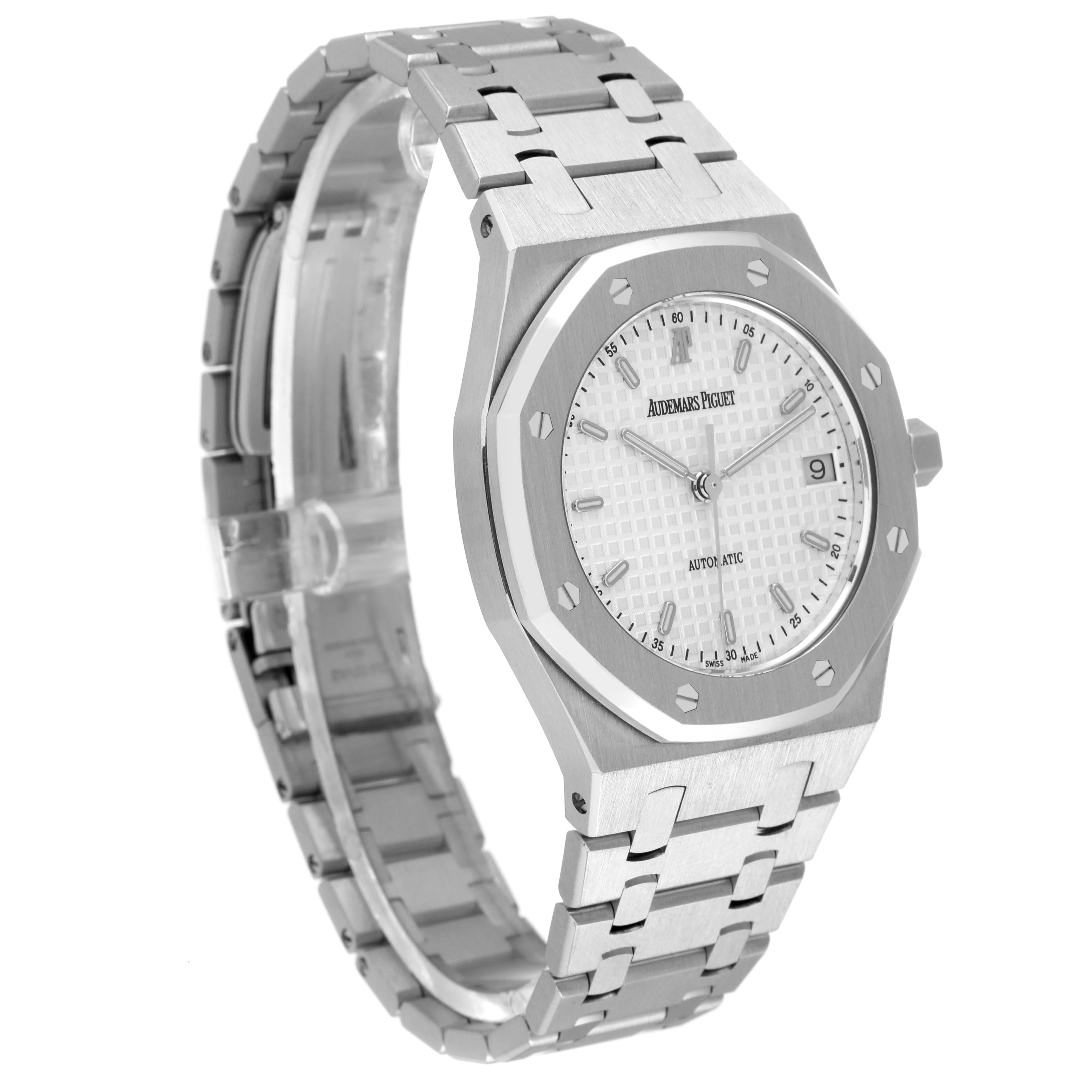 This image shows a Royal Oak model watch by Audemars Piguet, captured from an angled front view highlighting the dial and bracelet.