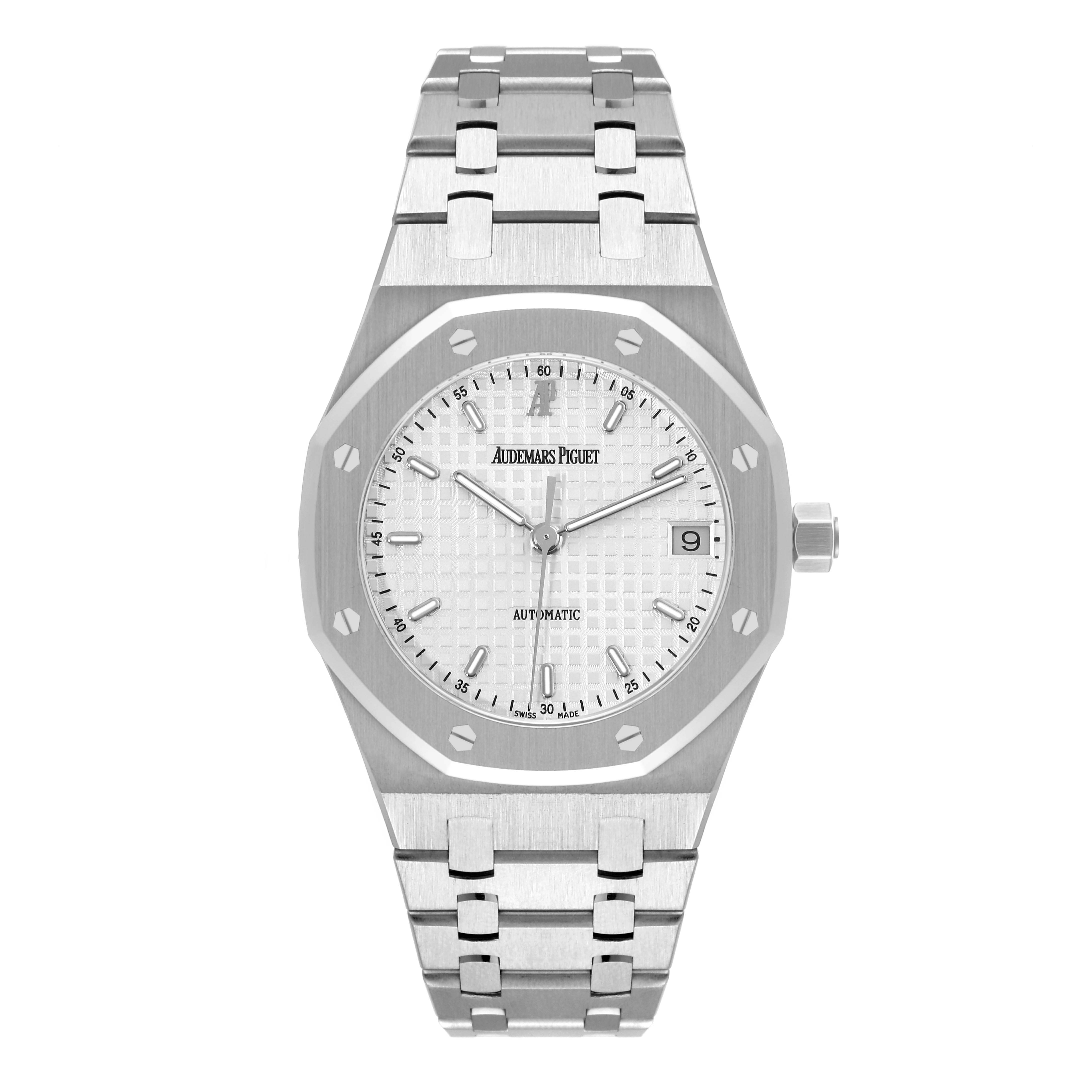 This image shows a front view of an Audemars Piguet Royal Oak 14790ST Men's Stainless Steel Silver Dial 14790ST Men's Stainless Steel Silver Dial watch, featuring its dial, bezel, crown, and bracelet.