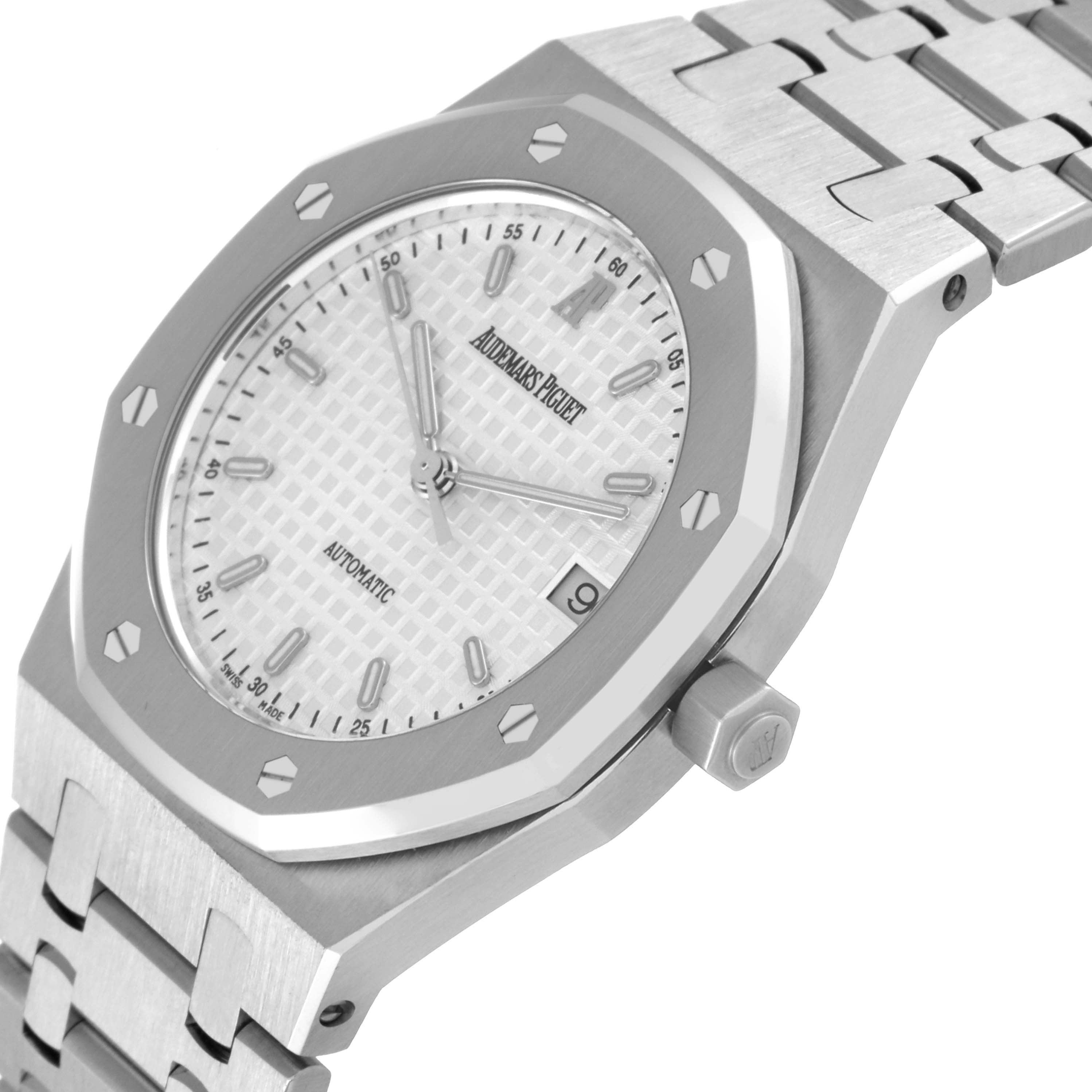 The image shows a close-up angle of the Audemars Piguet Royal Oak 14790ST Men's Stainless Steel Silver Dial 14790ST Men's Stainless Steel Silver Dial watch, displaying its octagonal bezel, white dial, and bracelet.