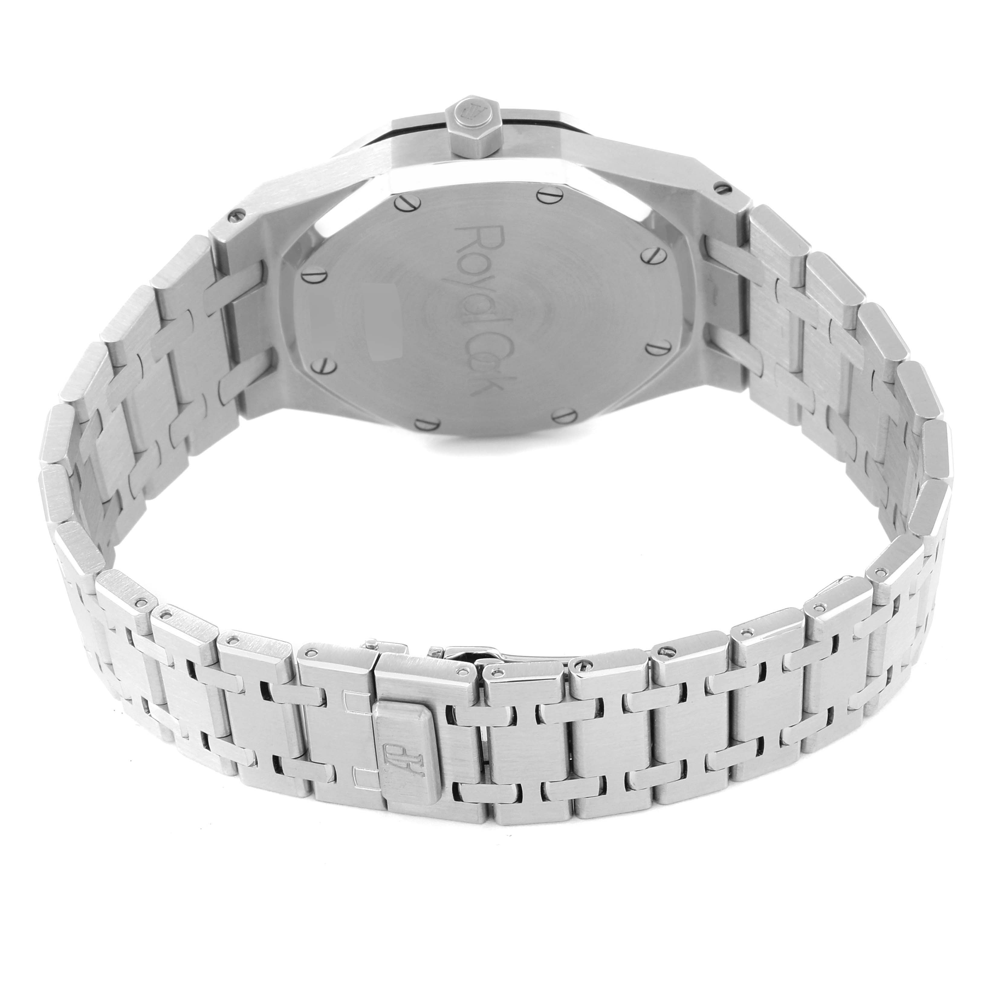 This image shows the back and bracelet of an Audemars Piguet Royal Oak 14790ST Men's Stainless Steel Silver Dial 14790ST Men's Stainless Steel Silver Dial watch at an angled view.