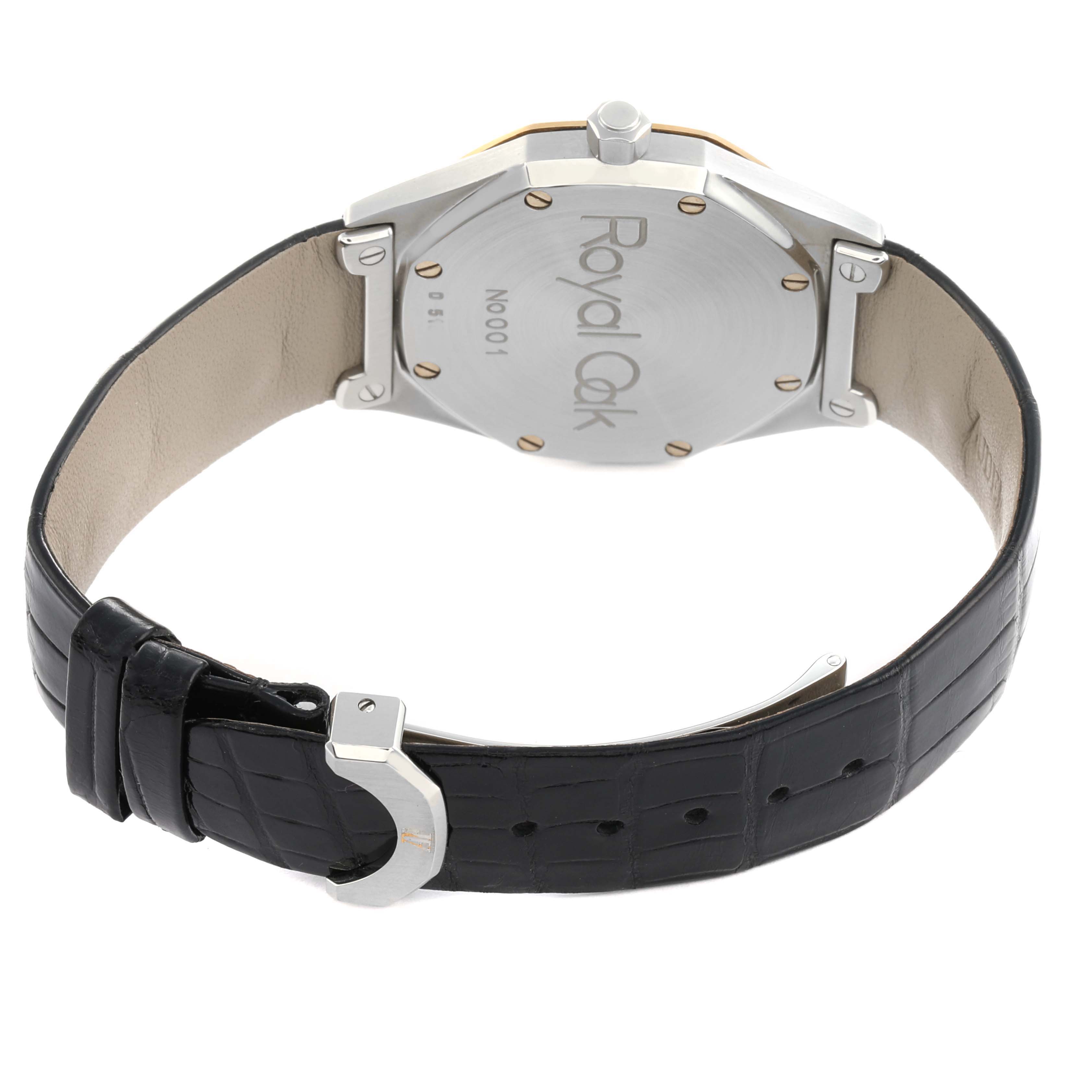 The image shows the back view of the Audemars Piguet Royal Oak 14800SA Men's Stainless Steel White Dial watch, focusing on the case back and leather strap.