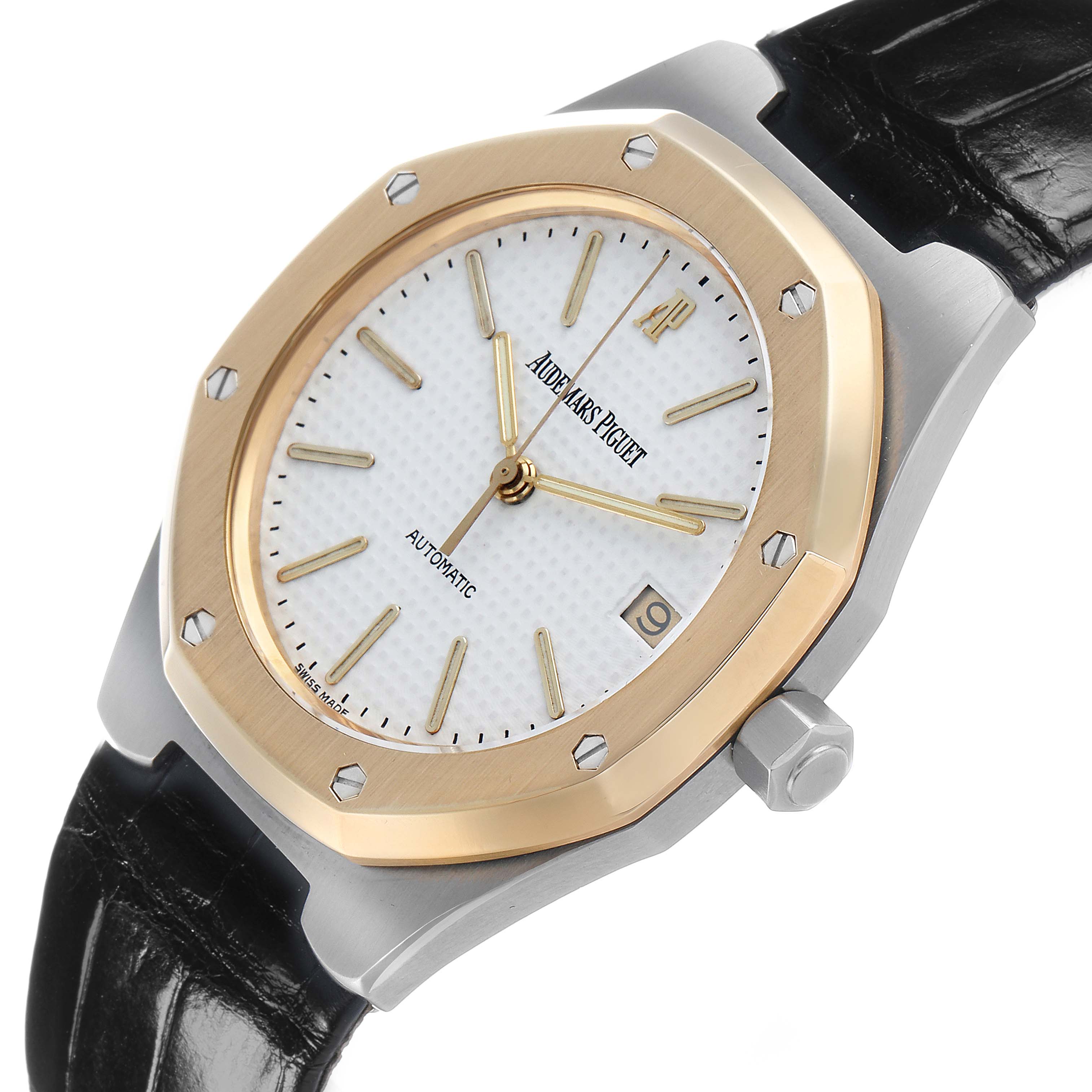 The Audemars Piguet Royal Oak 14800SA Men's Stainless Steel White Dial model is shown at an oblique angle, highlighting its gold octagonal bezel, dial, and crown.