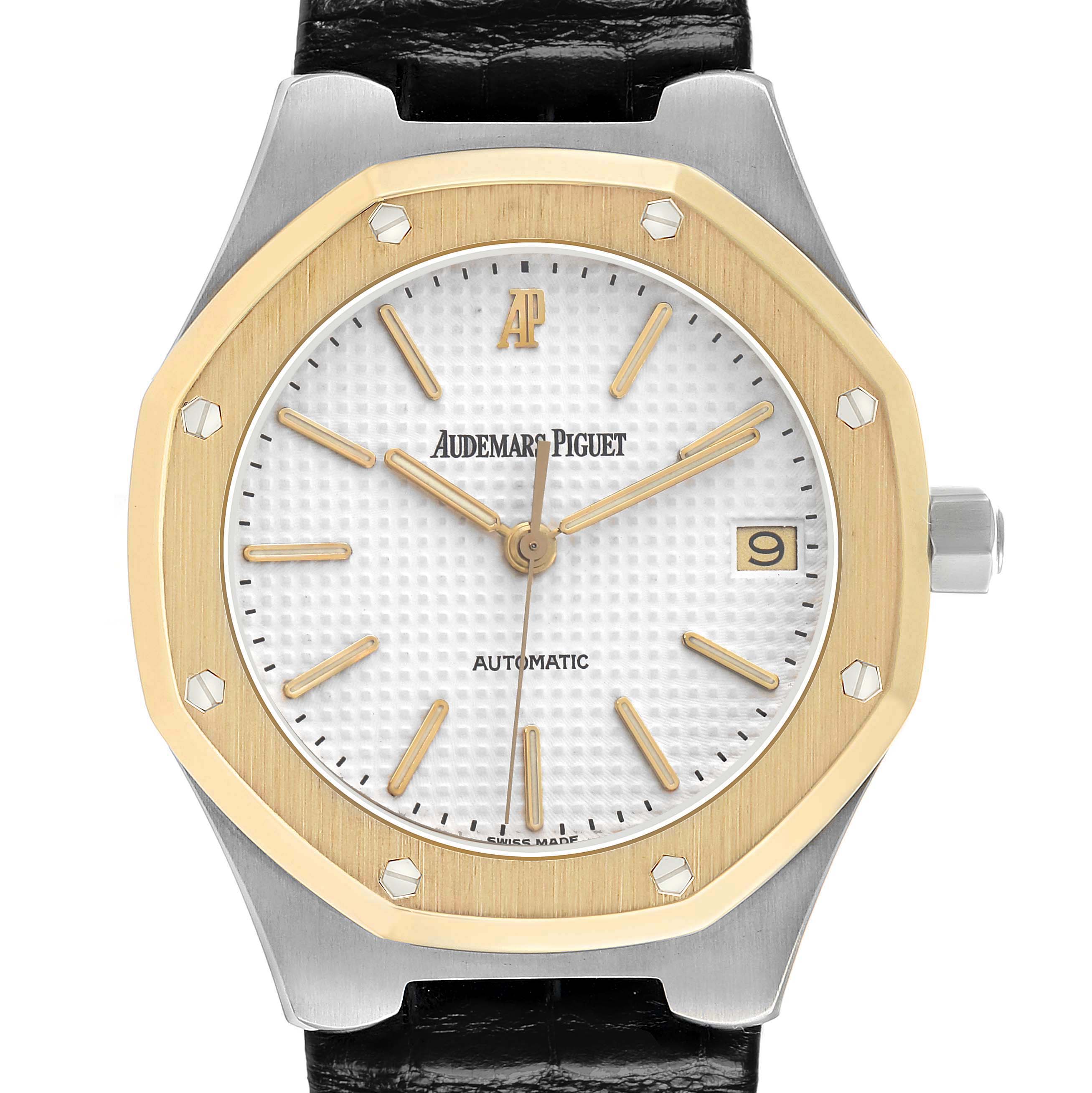 The image shows a front view of the Audemars Piguet Royal Oak 14800SA Men's Stainless Steel White Dial watch, highlighting its dial, bezel, hour markers, and strap.