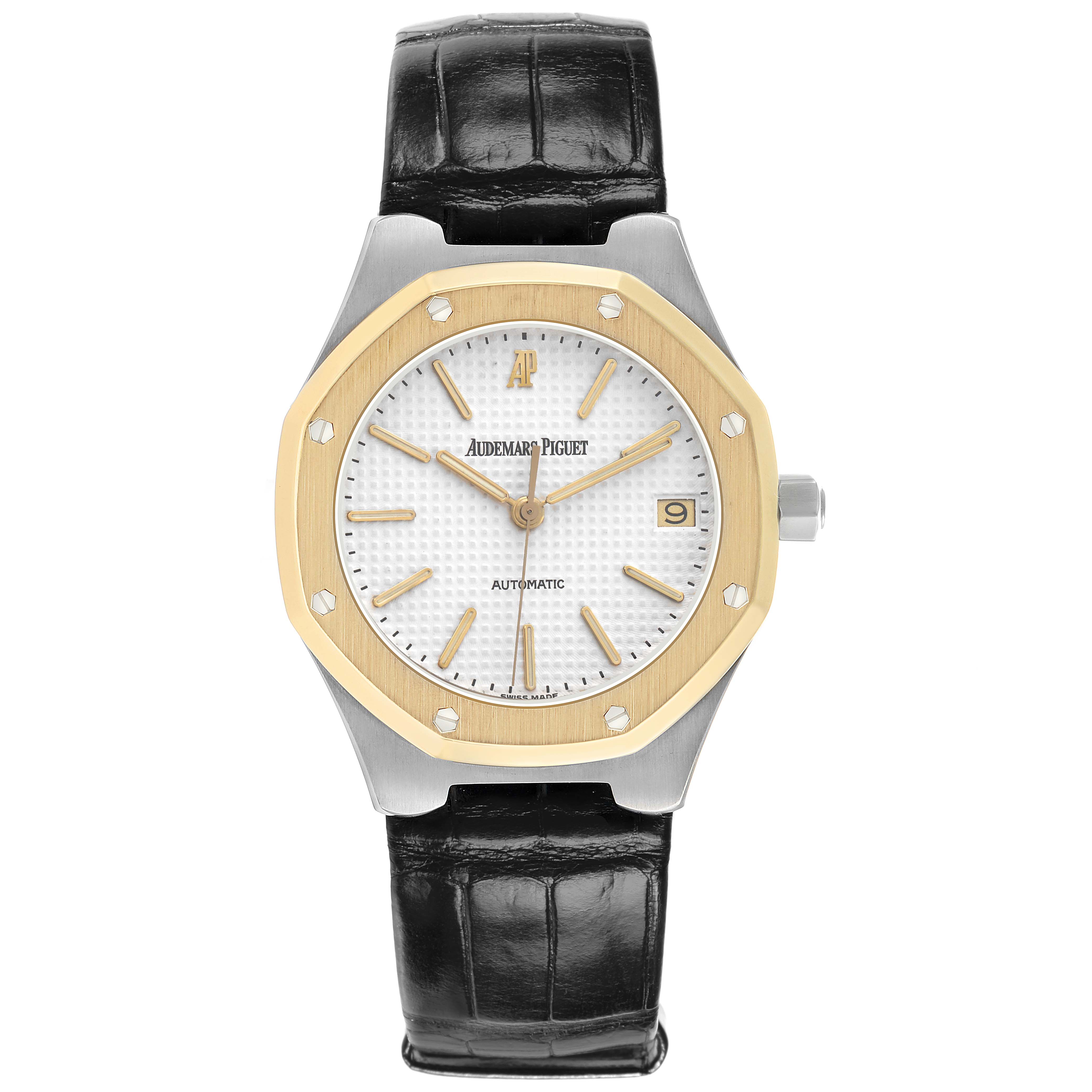 The Audemars Piguet Royal Oak 14800SA Men's Stainless Steel White Dial watch is shown from the front, highlighting the dial, bezel, case, crown, and leather strap.