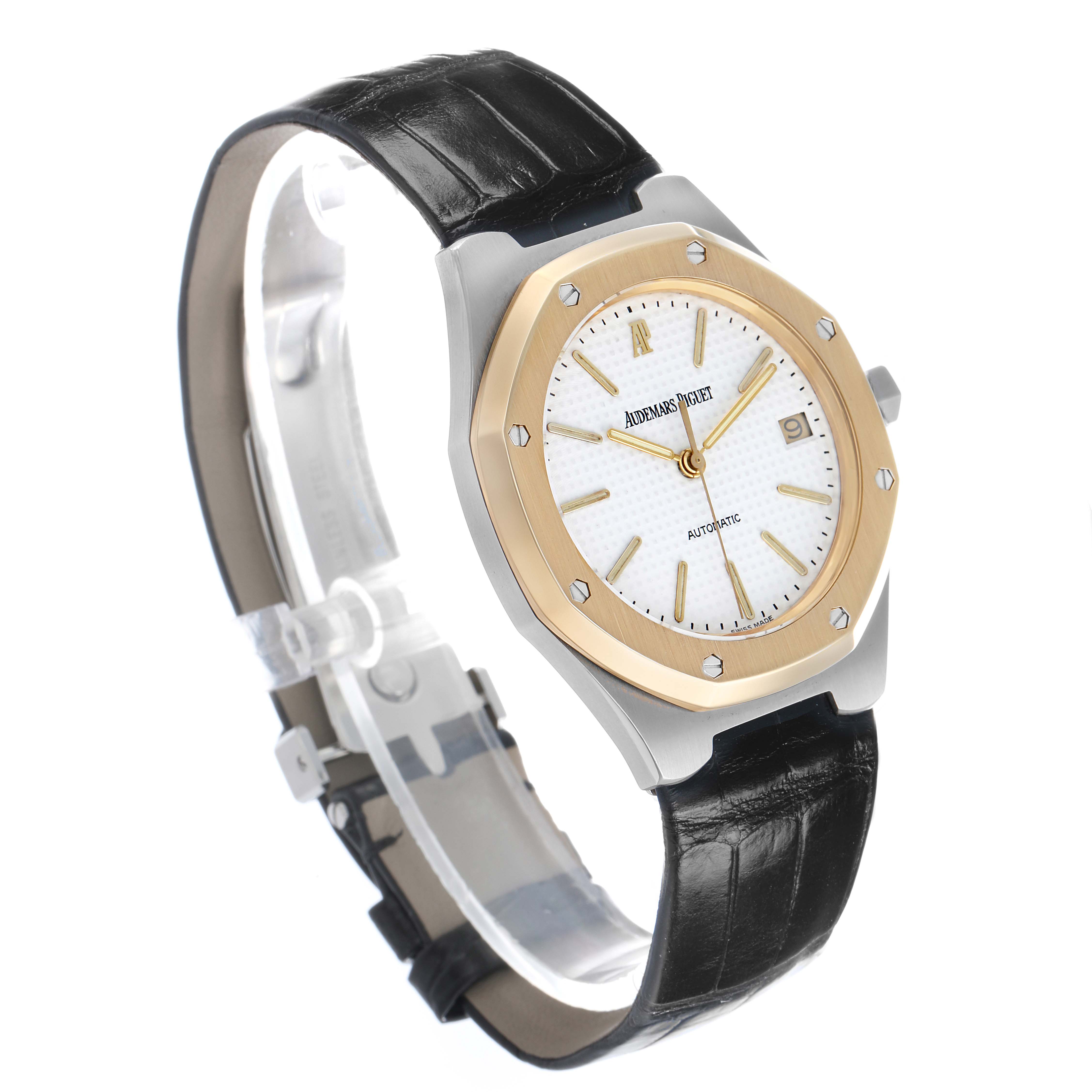 The Audemars Piguet Royal Oak 14800SA Men's Stainless Steel White Dial watch is shown at a three-quarter angle, highlighting the bezel, dial, and leather strap.