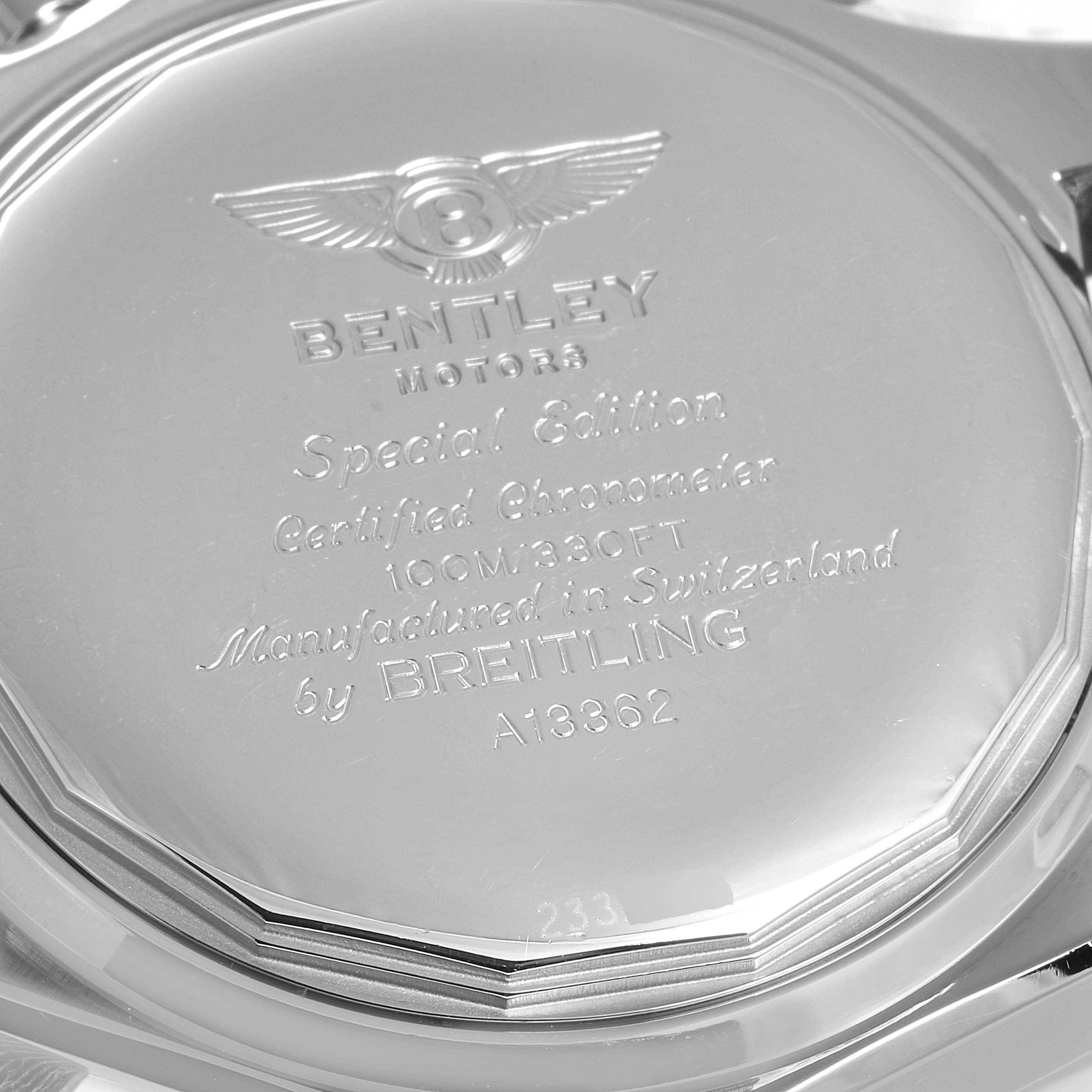 This image shows the back case of the Breitling Bentley A13362 Men's Stainless Steel Silver Dial A13362 Men's Stainless Steel Silver Dial model watch, highlighting the engravings and branding details.