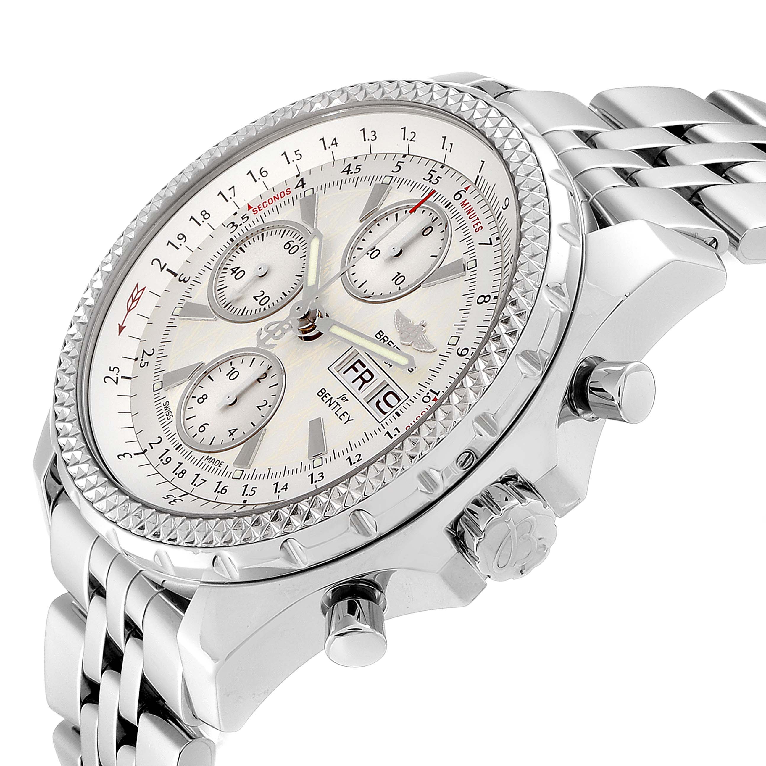 This is a side angle view of the Breitling Bentley A13362 Men's Stainless Steel Silver Dial A13362 Men's Stainless Steel Silver Dial watch showing the face, chronograph dials, bezel, and metal bracelet.