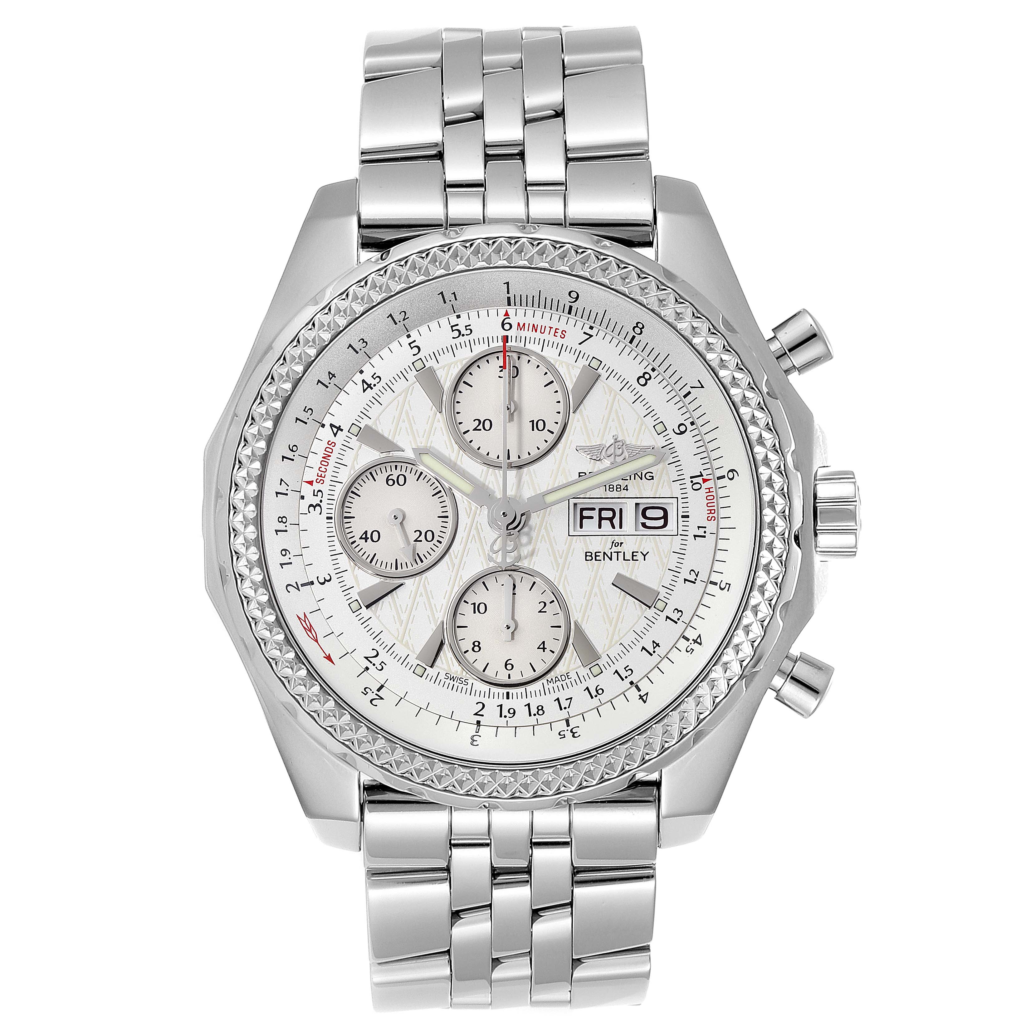 This image shows a frontal view of a Breitling Bentley A13362 Men's Stainless Steel Silver Dial A13362 Men's Stainless Steel Silver Dial watch, highlighting its face, chronograph subdials, and metal bracelet.