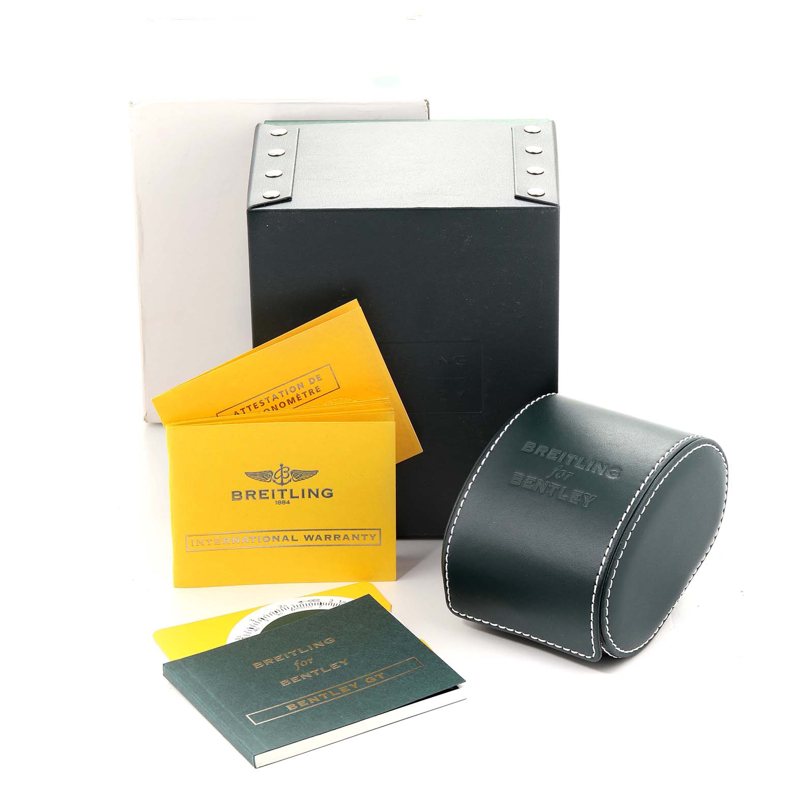 The image shows the packaging, warranty cards, and case for the Breitling Bentley A13362 Men's Stainless Steel Silver Dial A13362 Men's Stainless Steel Silver Dial model watch.