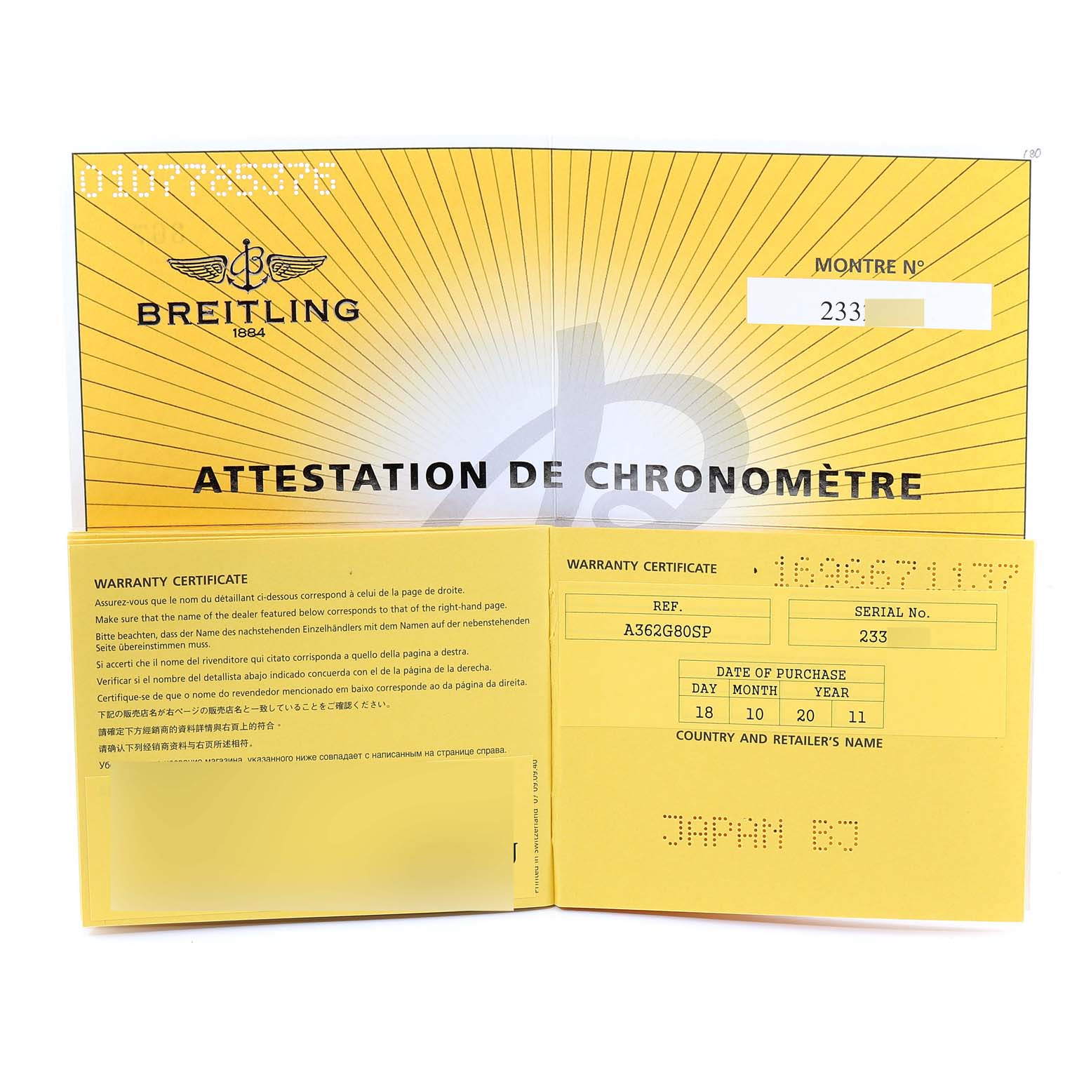 The image shows the warranty certificate and chronometer attestation for the Breitling Bentley A13362 Men's Stainless Steel Silver Dial A13362 Men's Stainless Steel Silver Dial watch model A362G80SP.