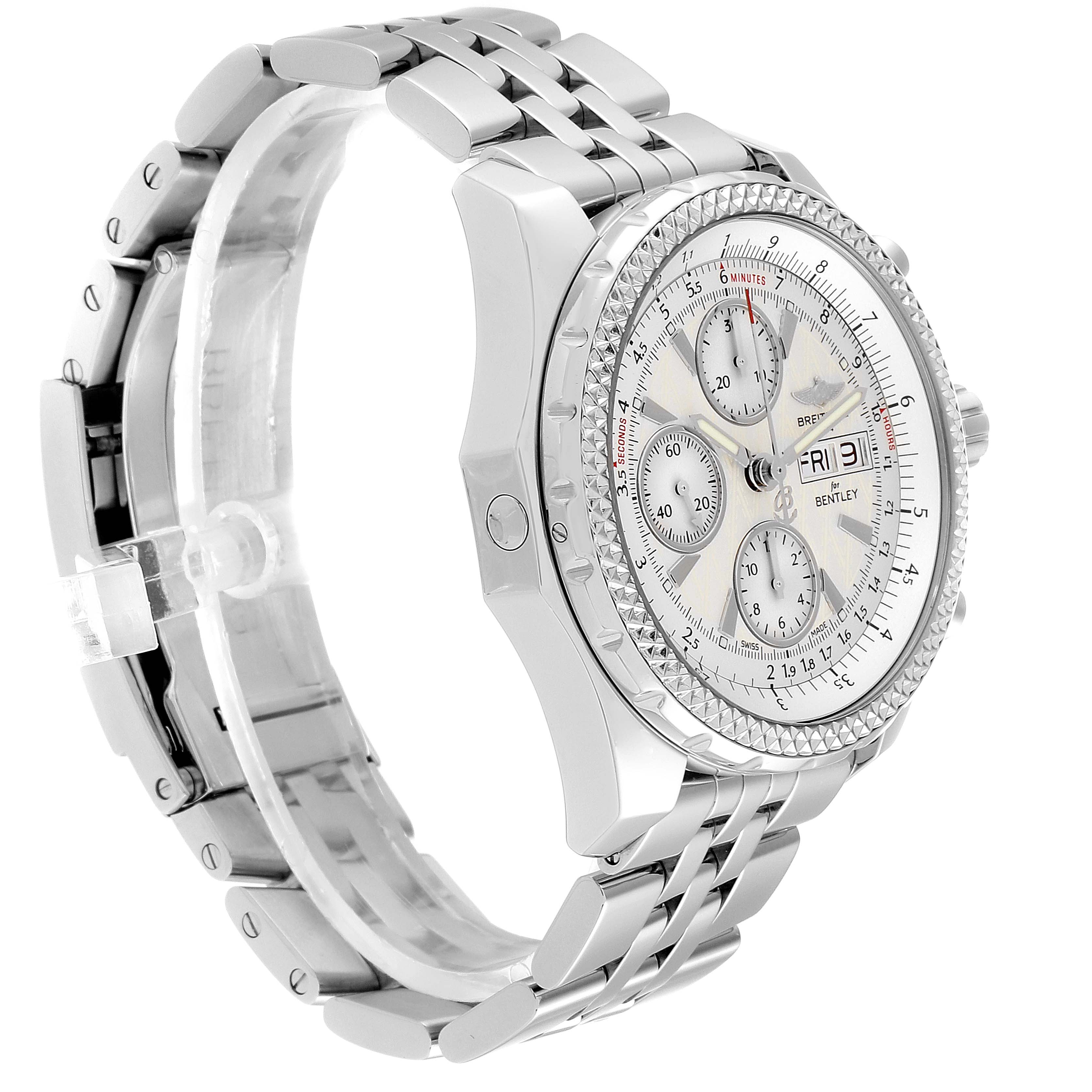 The image shows a Breitling Bentley A13362 Men's Stainless Steel Silver Dial A13362 Men's Stainless Steel Silver Dial watch at a three-quarter angle, highlighting the face, bezel, and metal bracelet.