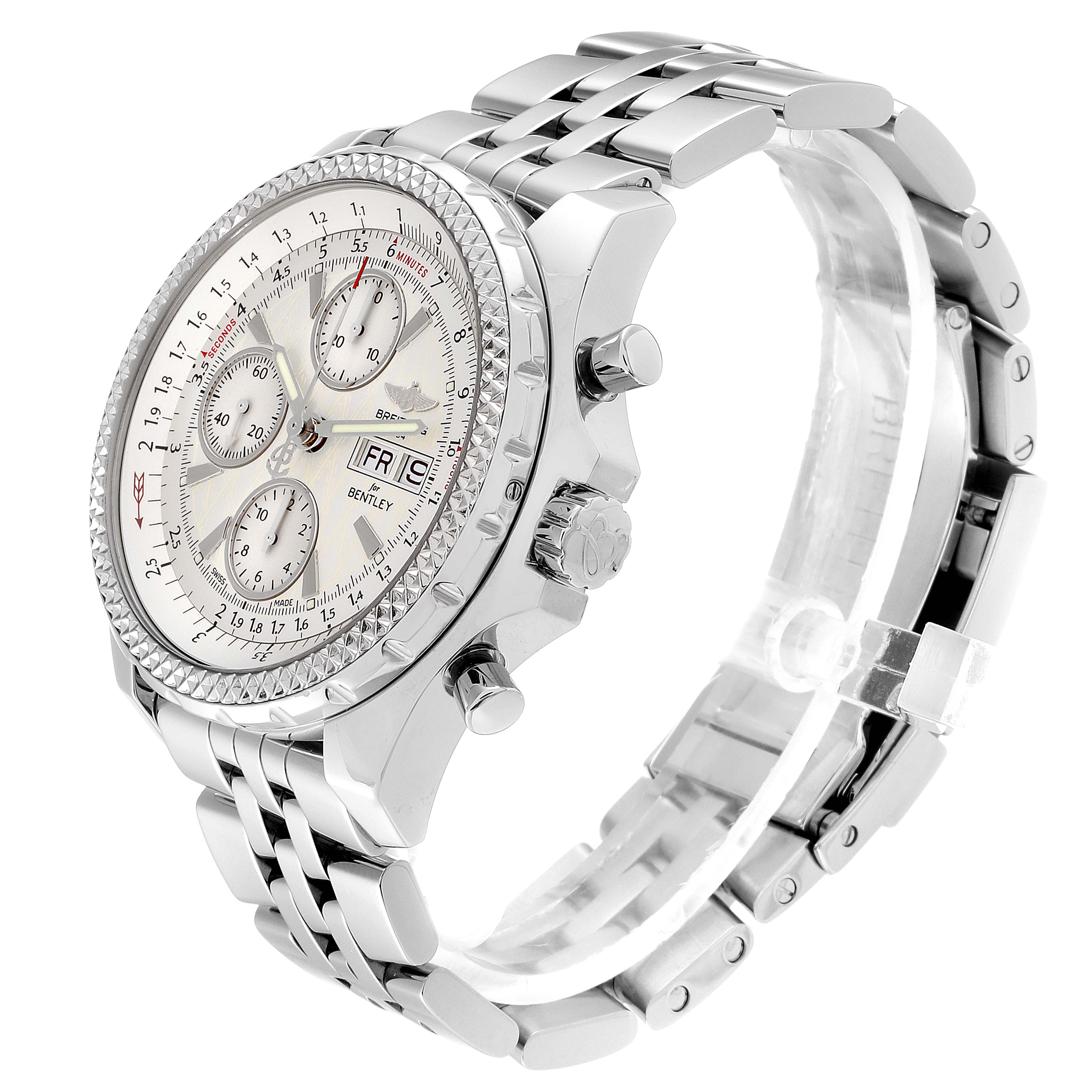 The Breitling Bentley A13362 Men's Stainless Steel Silver Dial A13362 Men's Stainless Steel Silver Dial watch is shown at a three-quarter angle, highlighting its face, dials, crown, and metal bracelet.