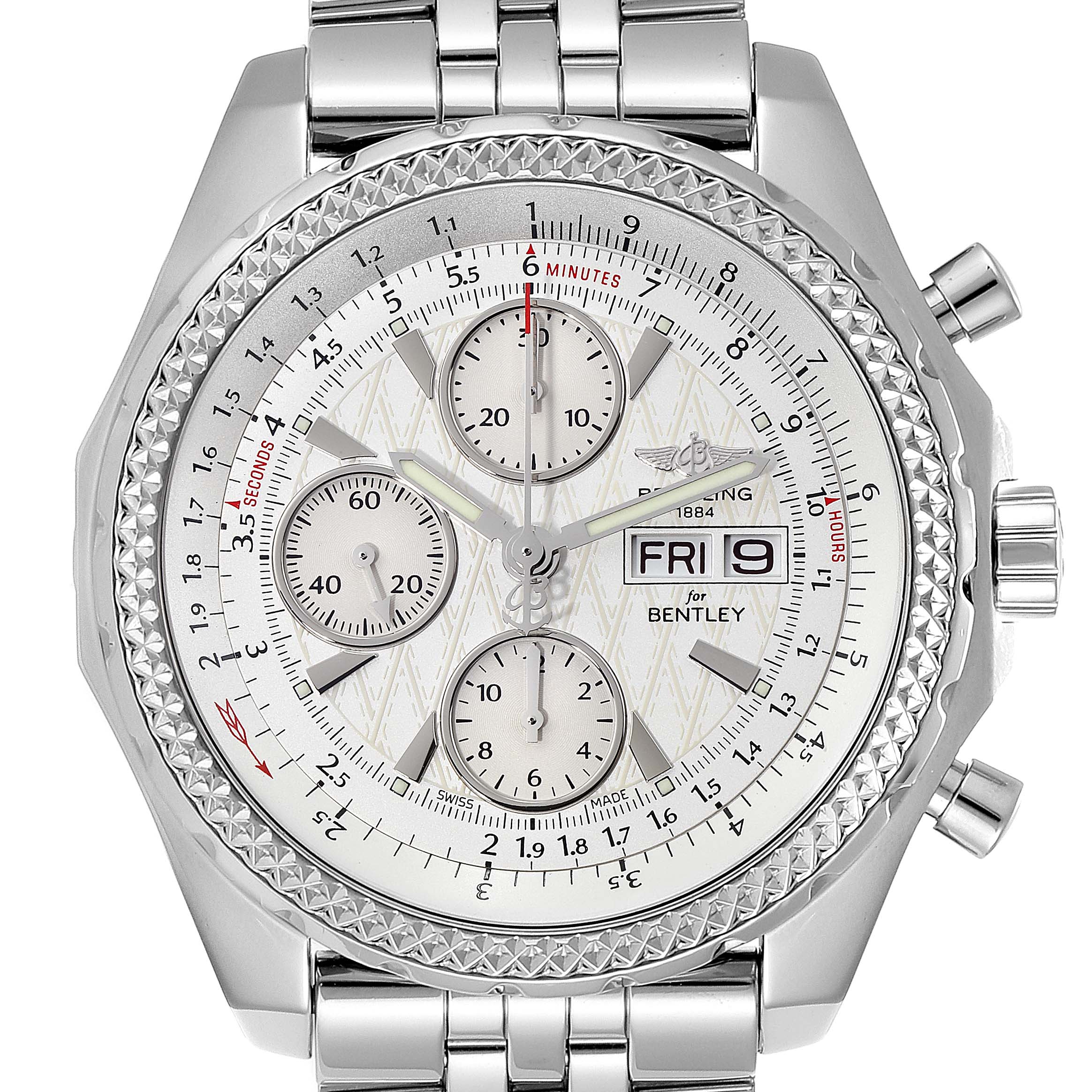 The image shows a front view of the Breitling Bentley A13362 Men's Stainless Steel Silver Dial A13362 Men's Stainless Steel Silver Dial watch, displaying the face, bezel, crown, pushers, and part of the metal bracelet.