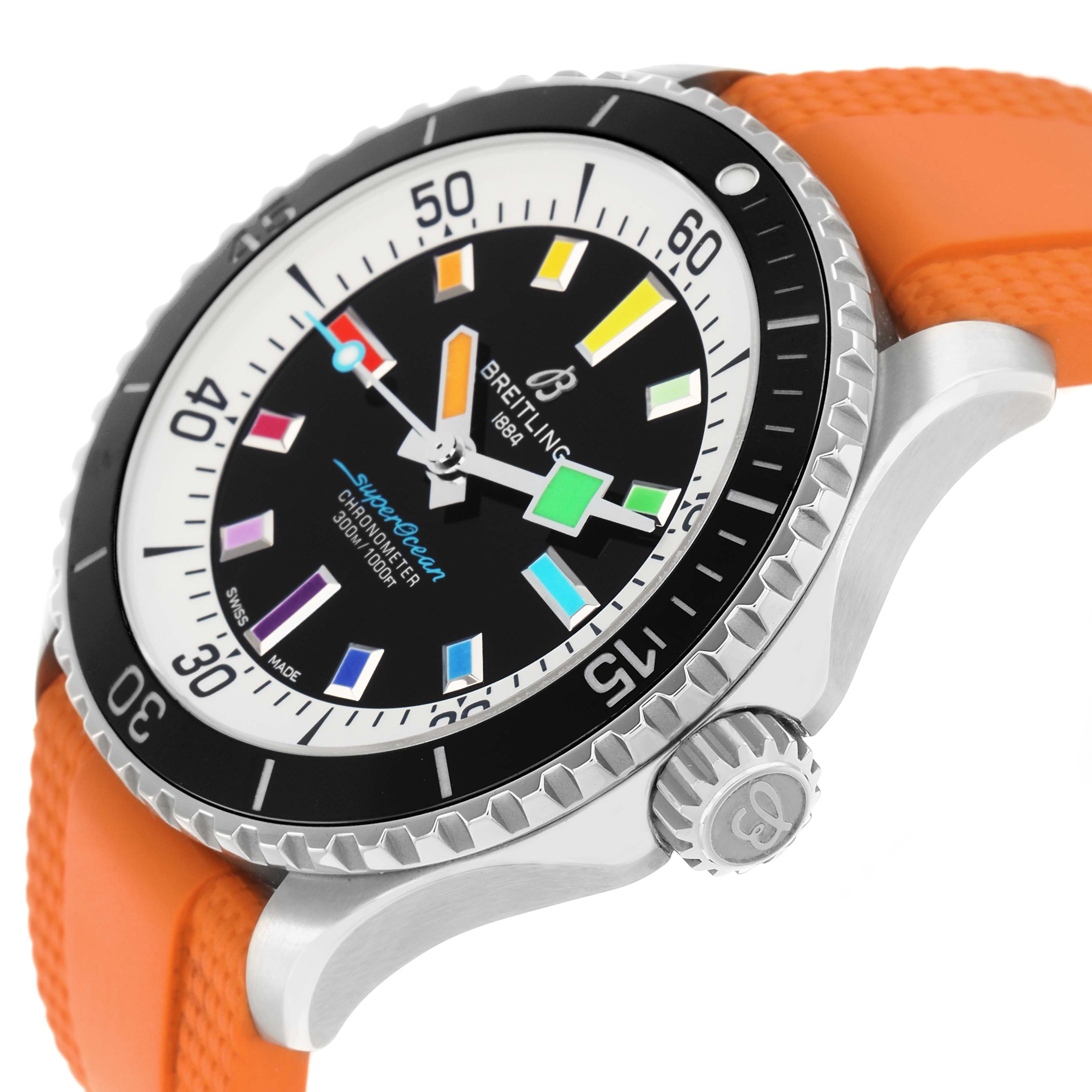 The Breitling Superocean A17375 Men's Stainless Steel Black Dial model is shown at a side angle, highlighting the bezel, crown, and colorful dial with an orange strap.