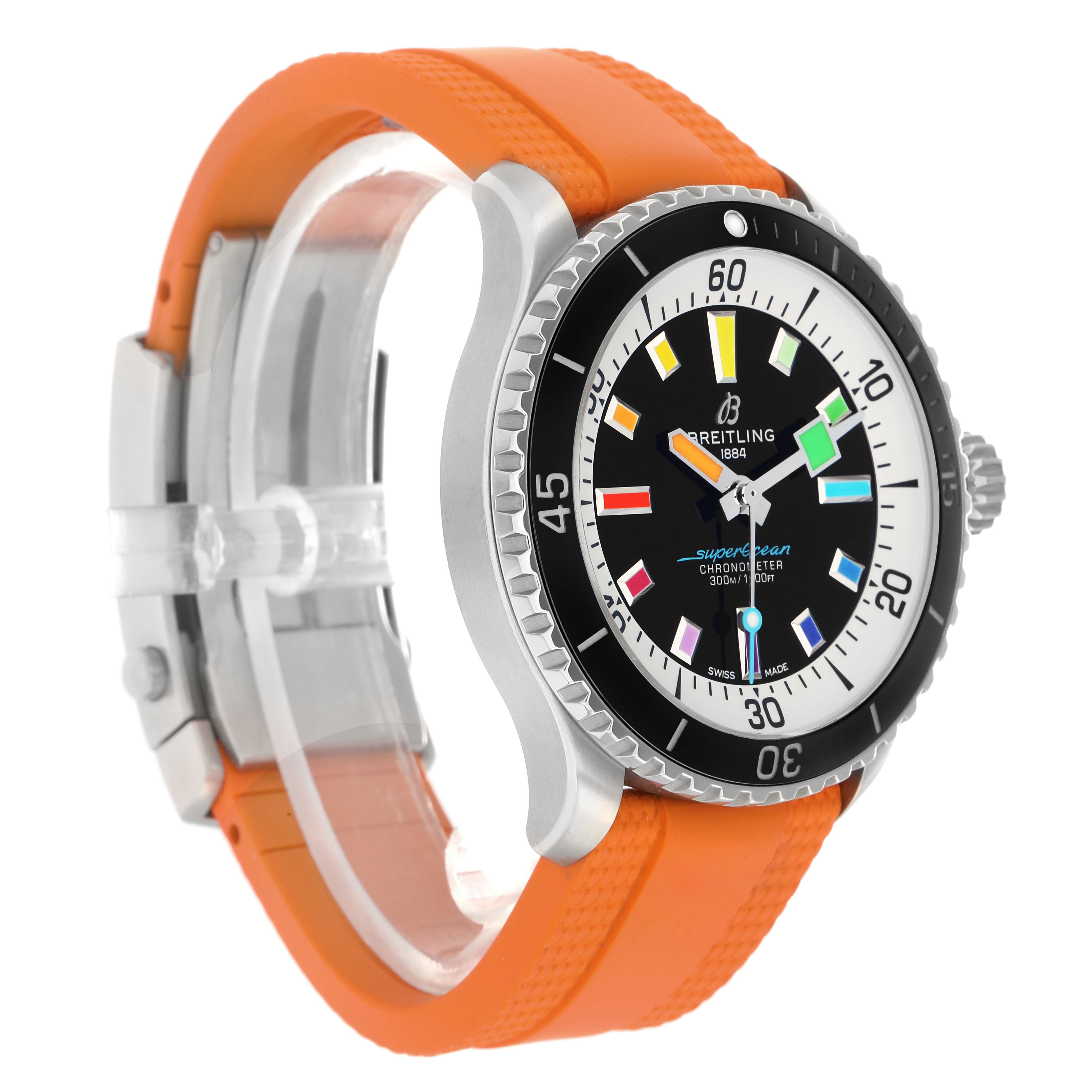 The Breitling Superocean A17375 Men's Stainless Steel Black Dial watch is shown at a slight angle, highlighting the colorful dial, bezel, and orange strap.