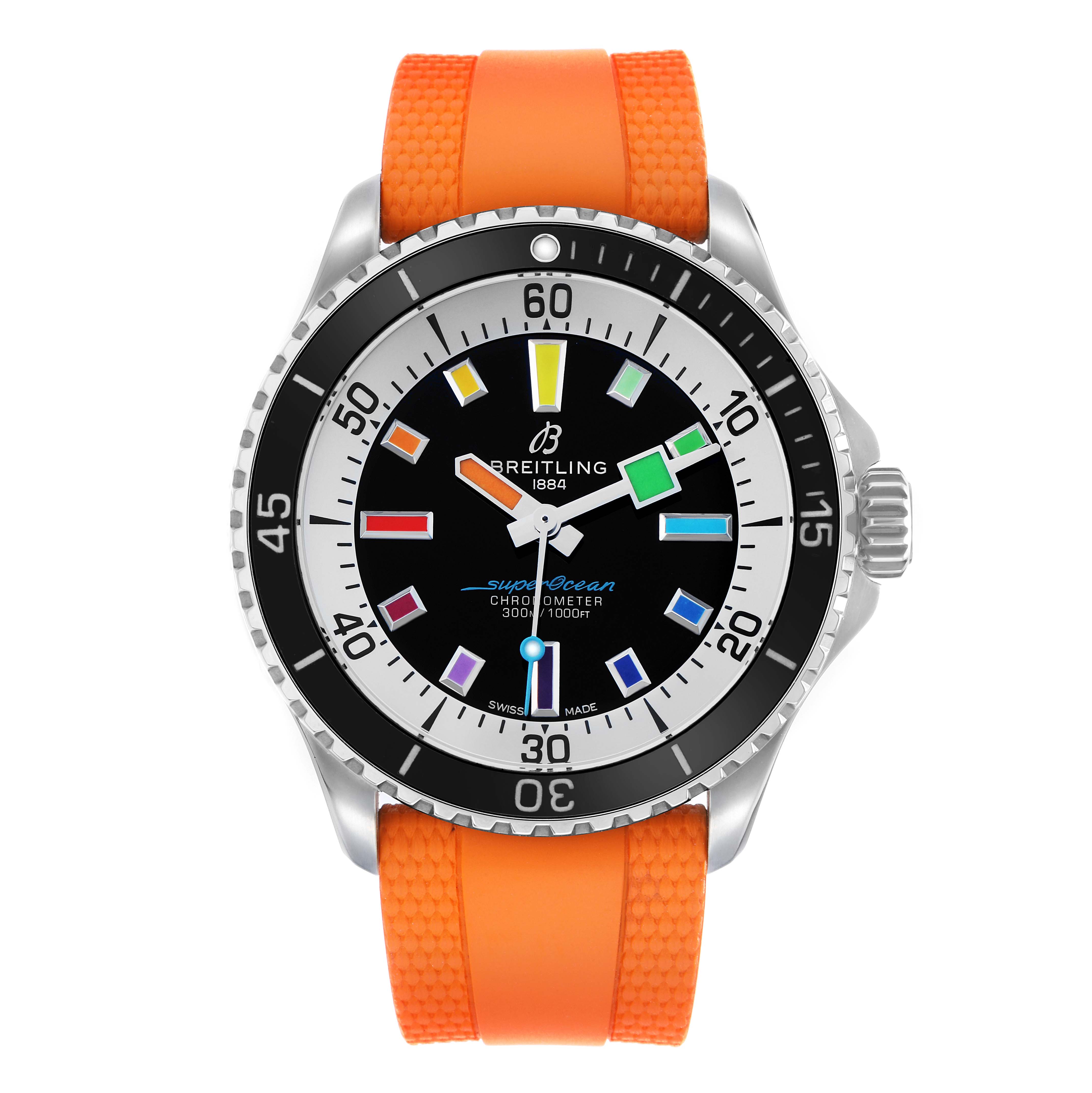 The Breitling Superocean A17375 Men's Stainless Steel Black Dial watch is shown from a top-down angle, highlighting its colorful dial, bezel, and orange strap.