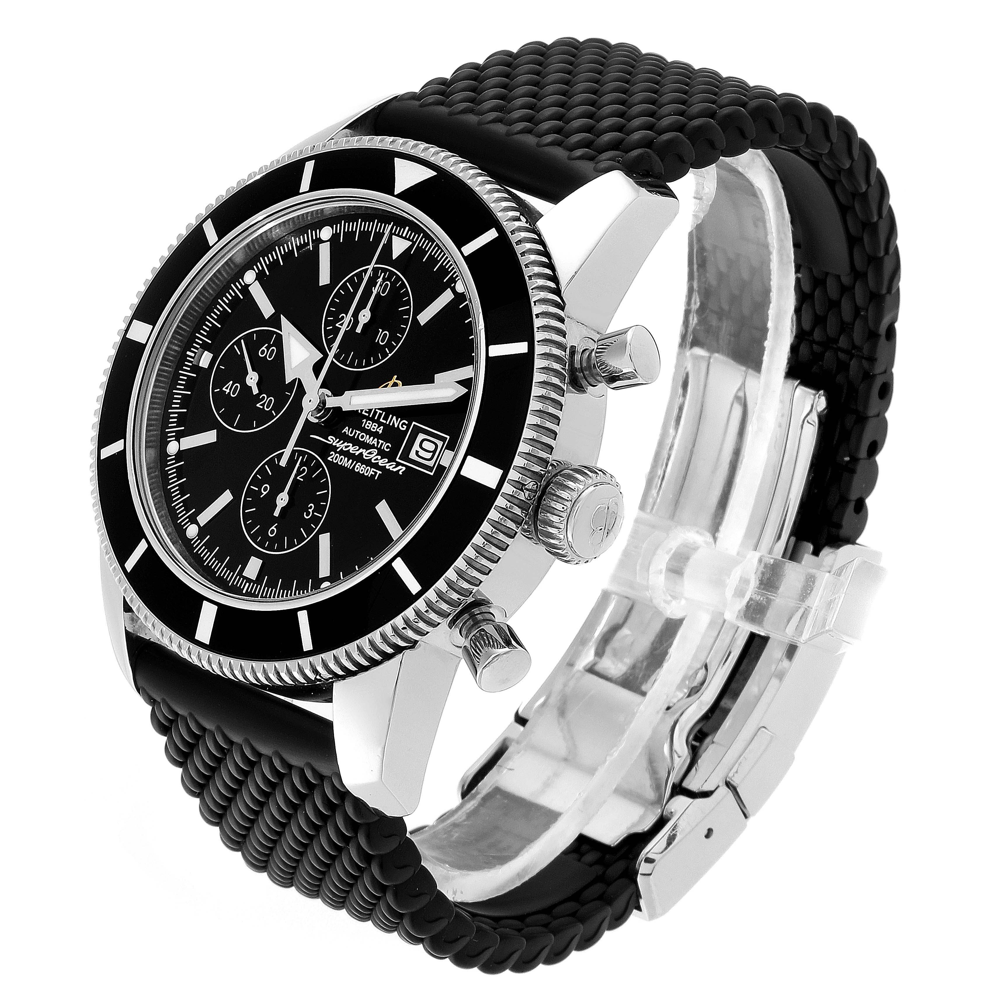 The Breitling Superocean A13320 Men's Stainless Steel Black Dial A13320 Men's Stainless Steel Black Dial watch is photographed at an angle showing the face, chronograph dials, bezel, crown, and part of the band.