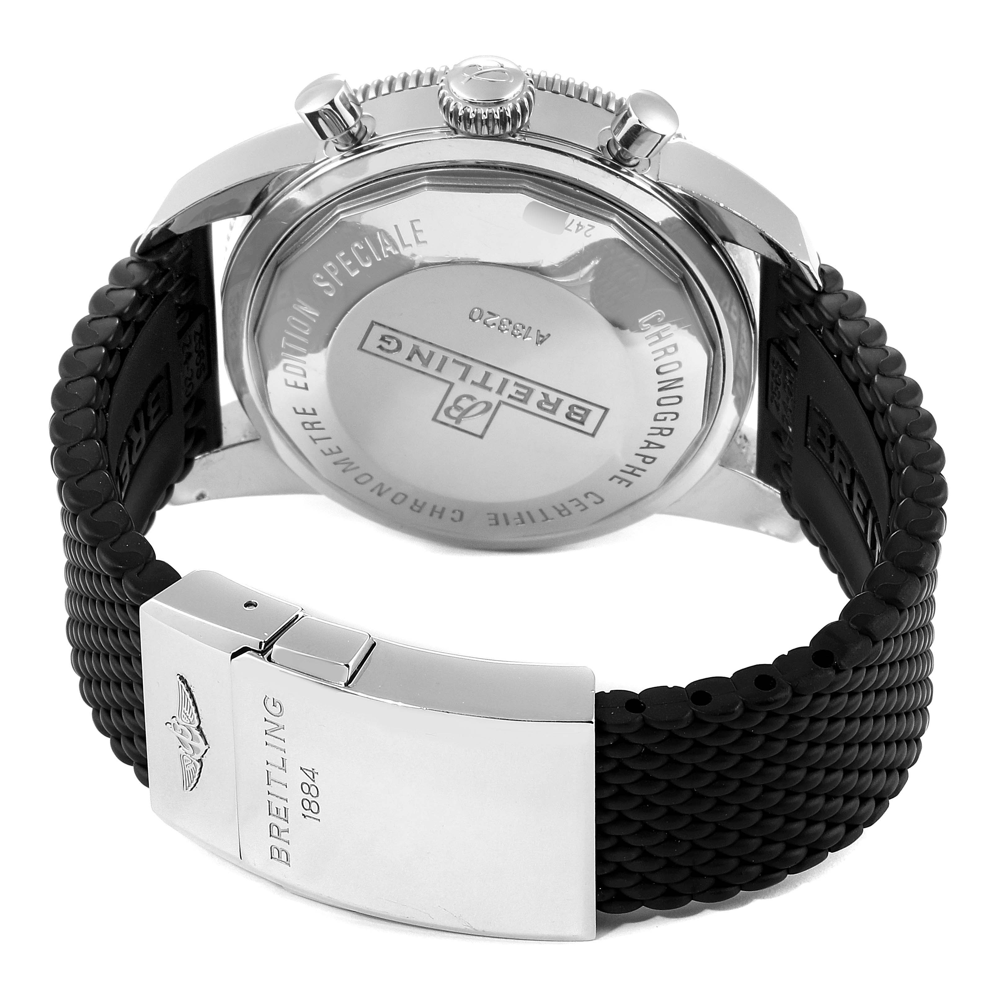 This image shows the back view of the Breitling Superocean A13320 Men's Stainless Steel Black Dial A13320 Men's Stainless Steel Black Dial watch with its clasp and rubber strap.