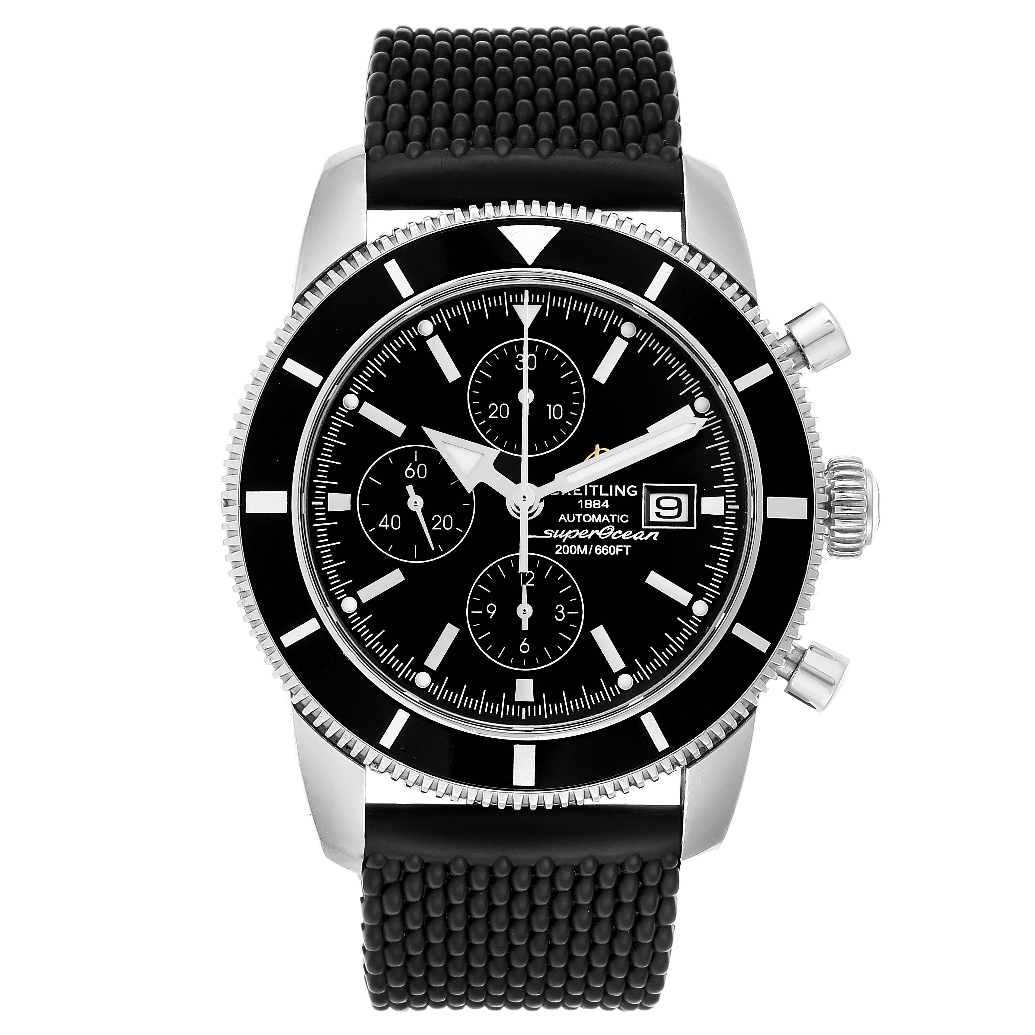 The image shows the front view of a Breitling Superocean A13320 Men's Stainless Steel Black Dial A13320 Men's Stainless Steel Black Dial watch, highlighting the dial, bezel, chronograph subdials, and strap.