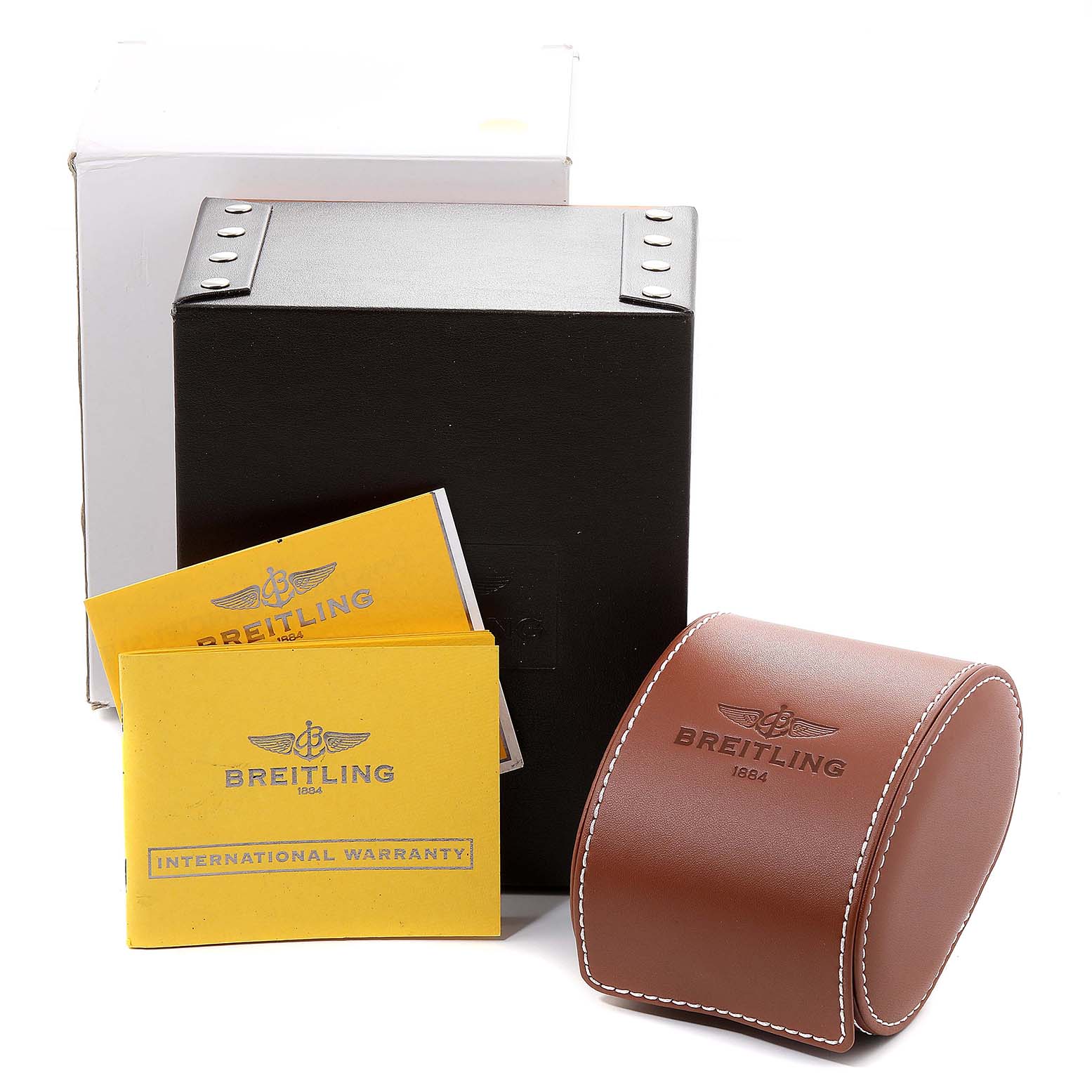 The image shows the packaging, international warranty booklet, and a leather case for the Breitling Superocean A13320 Men's Stainless Steel Black Dial A13320 Men's Stainless Steel Black Dial watch.