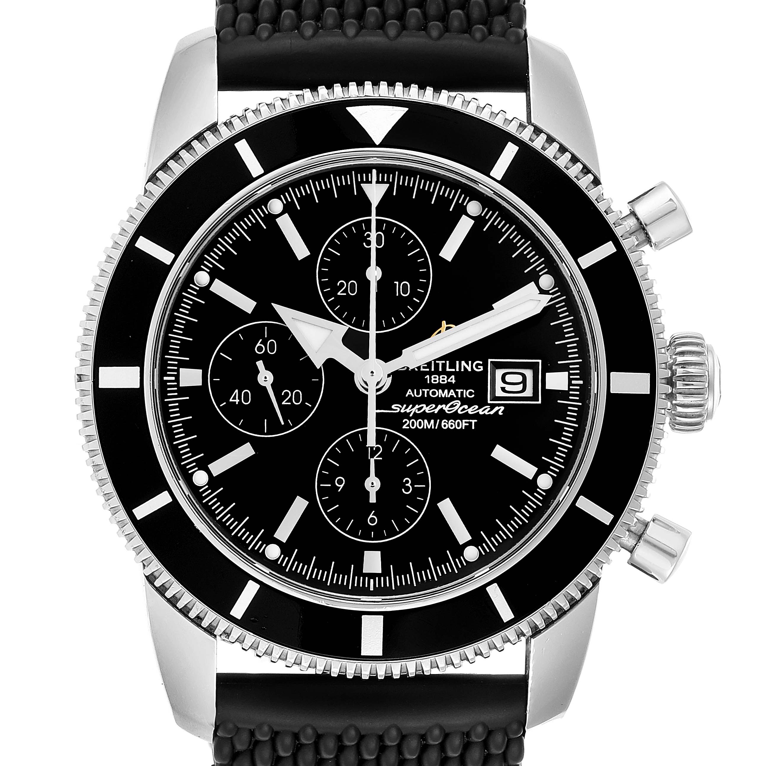 This image shows a front view of a Breitling Superocean A13320 Men's Stainless Steel Black Dial A13320 Men's Stainless Steel Black Dial watch featuring its dial, bezel, crown, and strap.