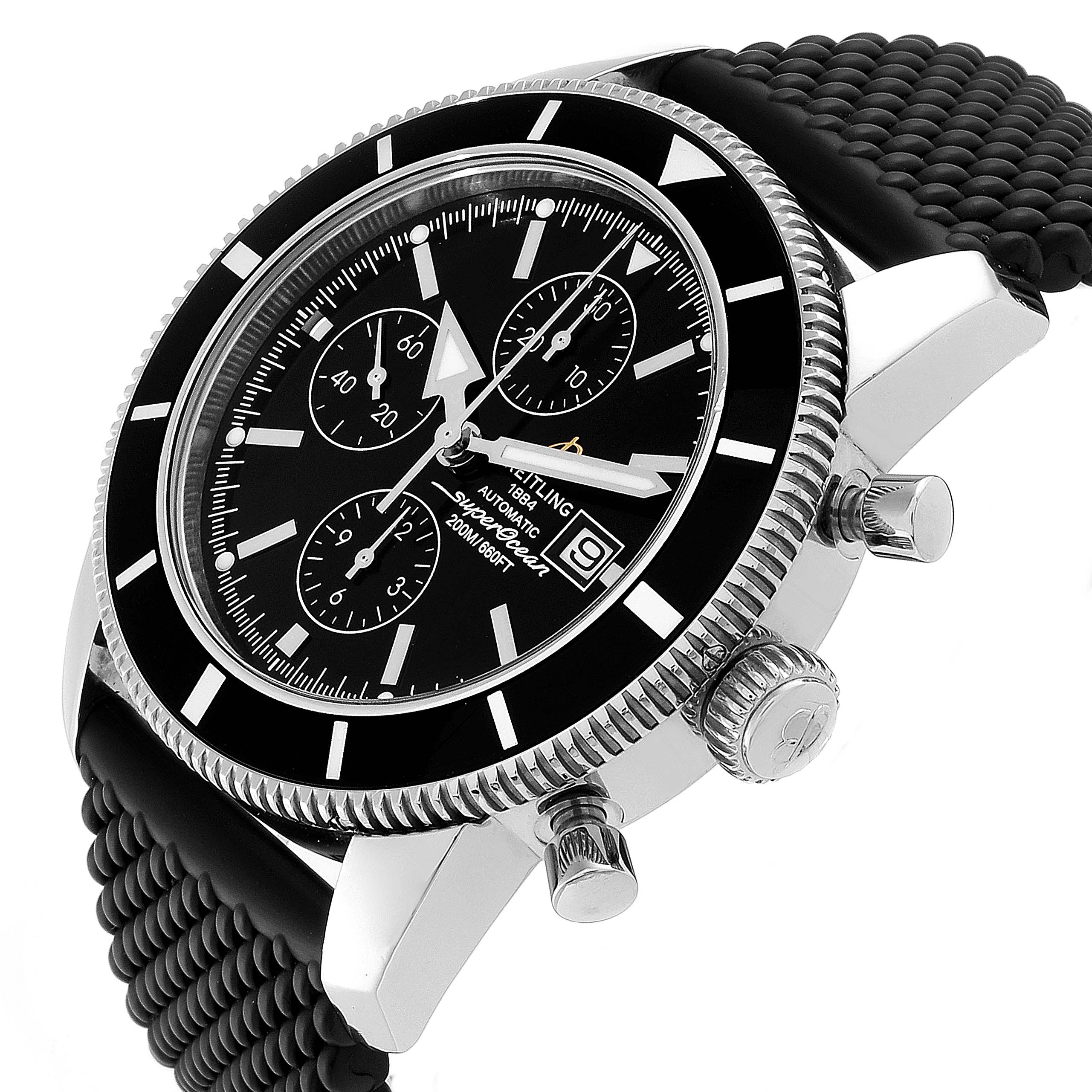 The image shows a Breitling Superocean A13320 Men's Stainless Steel Black Dial A13320 Men's Stainless Steel Black Dial watch at an angle displaying its dial, bezel, chronograph subdials, pushers, and rubber strap.