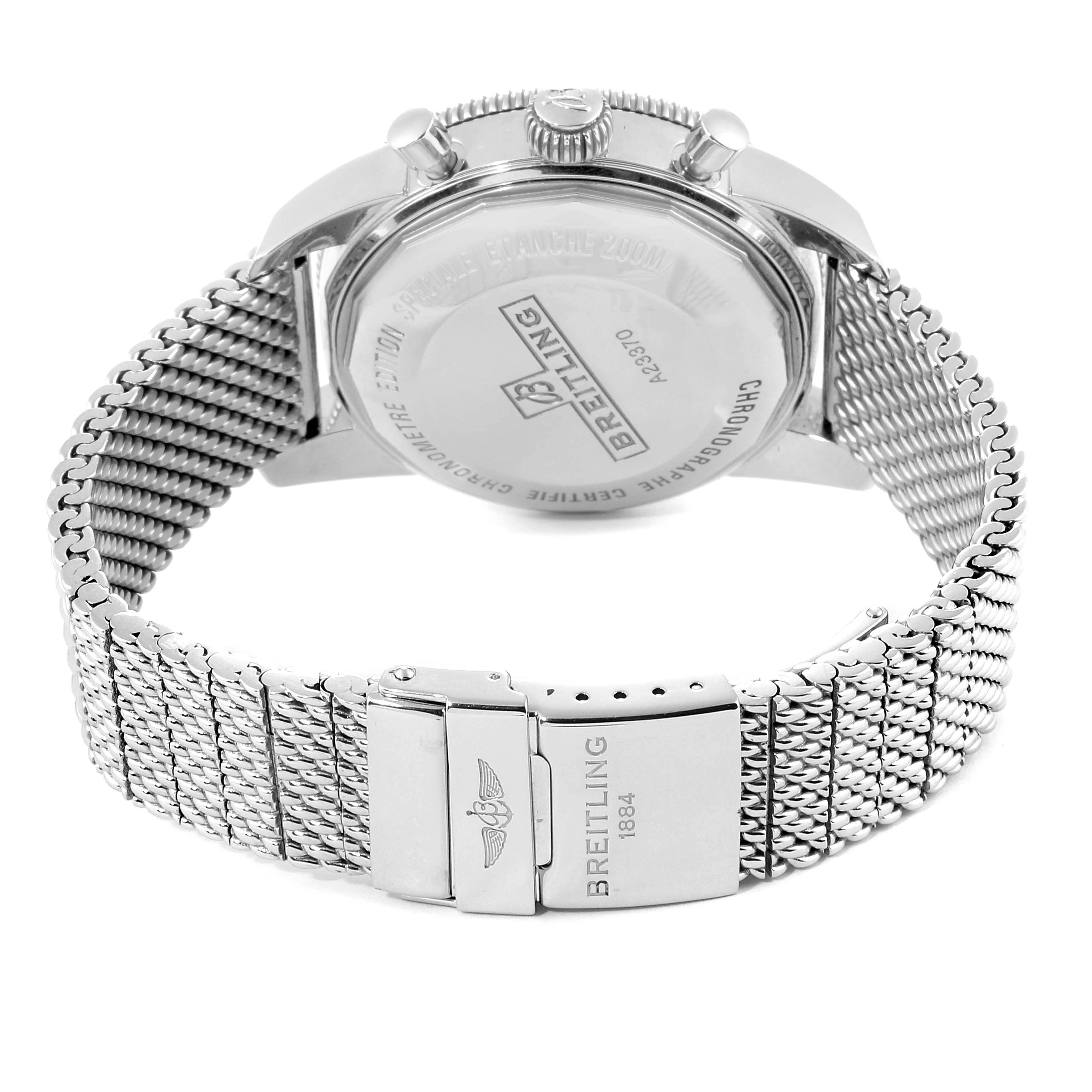 The image shows the back case and metal mesh bracelet of a Breitling Superocean A23370 Men's Stainless Steel Black Dial A23370 Men's Stainless Steel Black Dial watch.