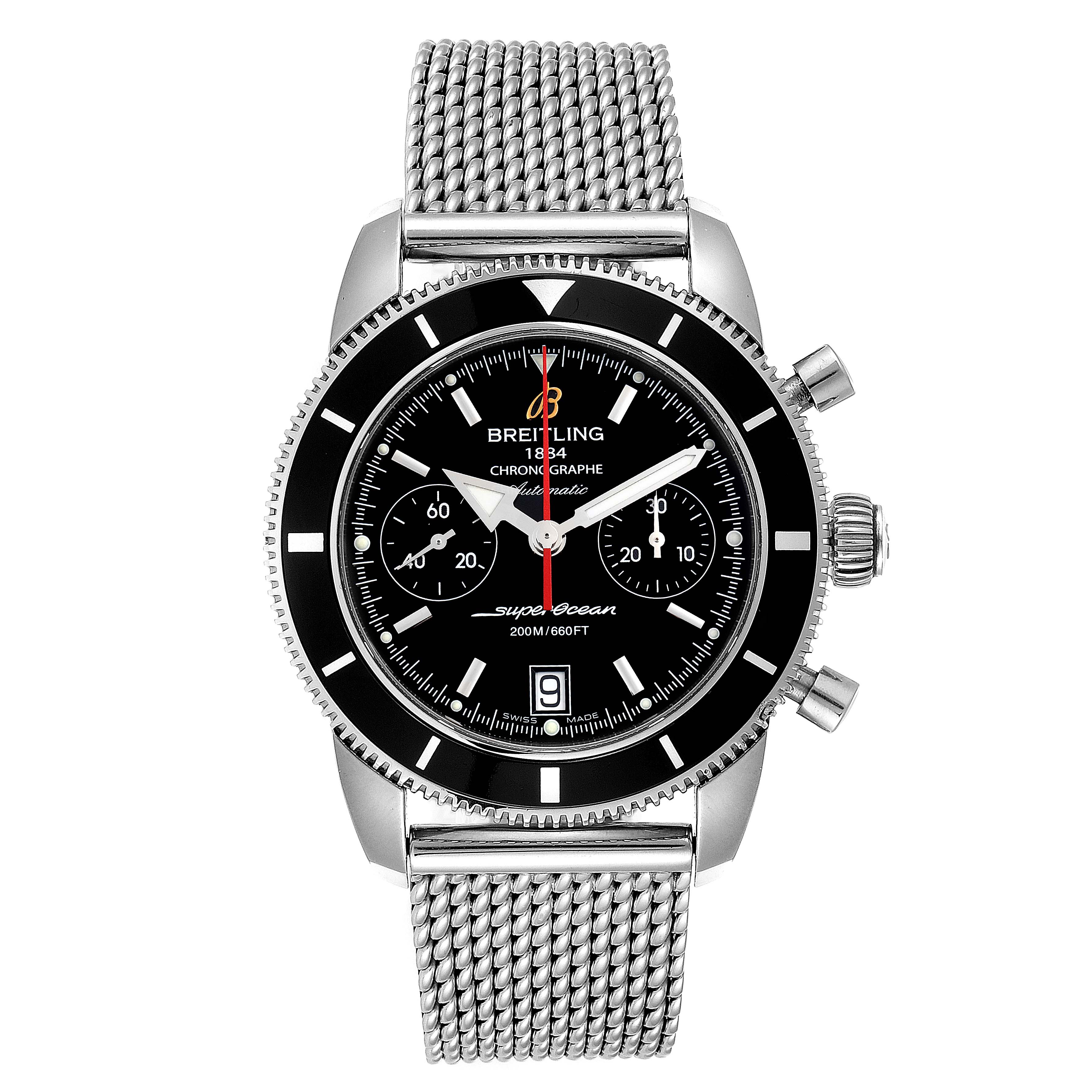 The image shows a front view of the Breitling Superocean A23370 Men's Stainless Steel Black Dial A23370 Men's Stainless Steel Black Dial watch, displaying its mesh bracelet, black dial, and chronograph features.