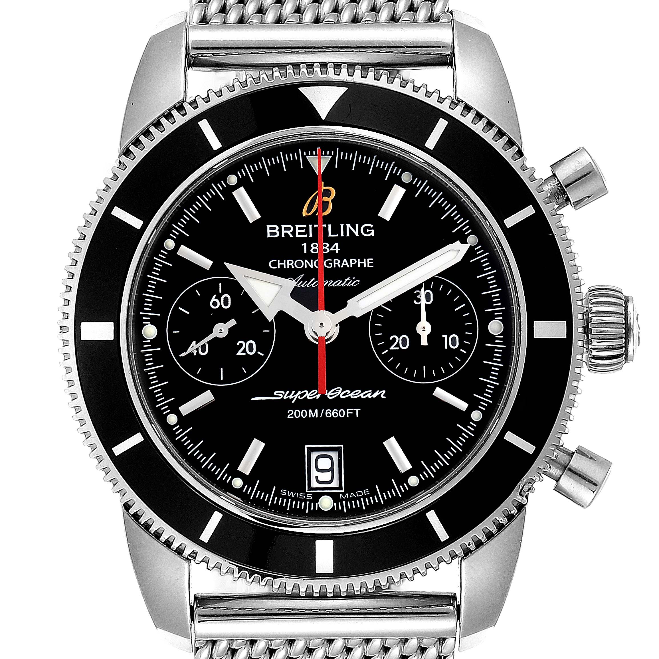 This image shows a frontal view of a Breitling Superocean A23370 Men's Stainless Steel Black Dial A23370 Men's Stainless Steel Black Dial watch, displaying the face, bezel, crown, and part of the bracelet.