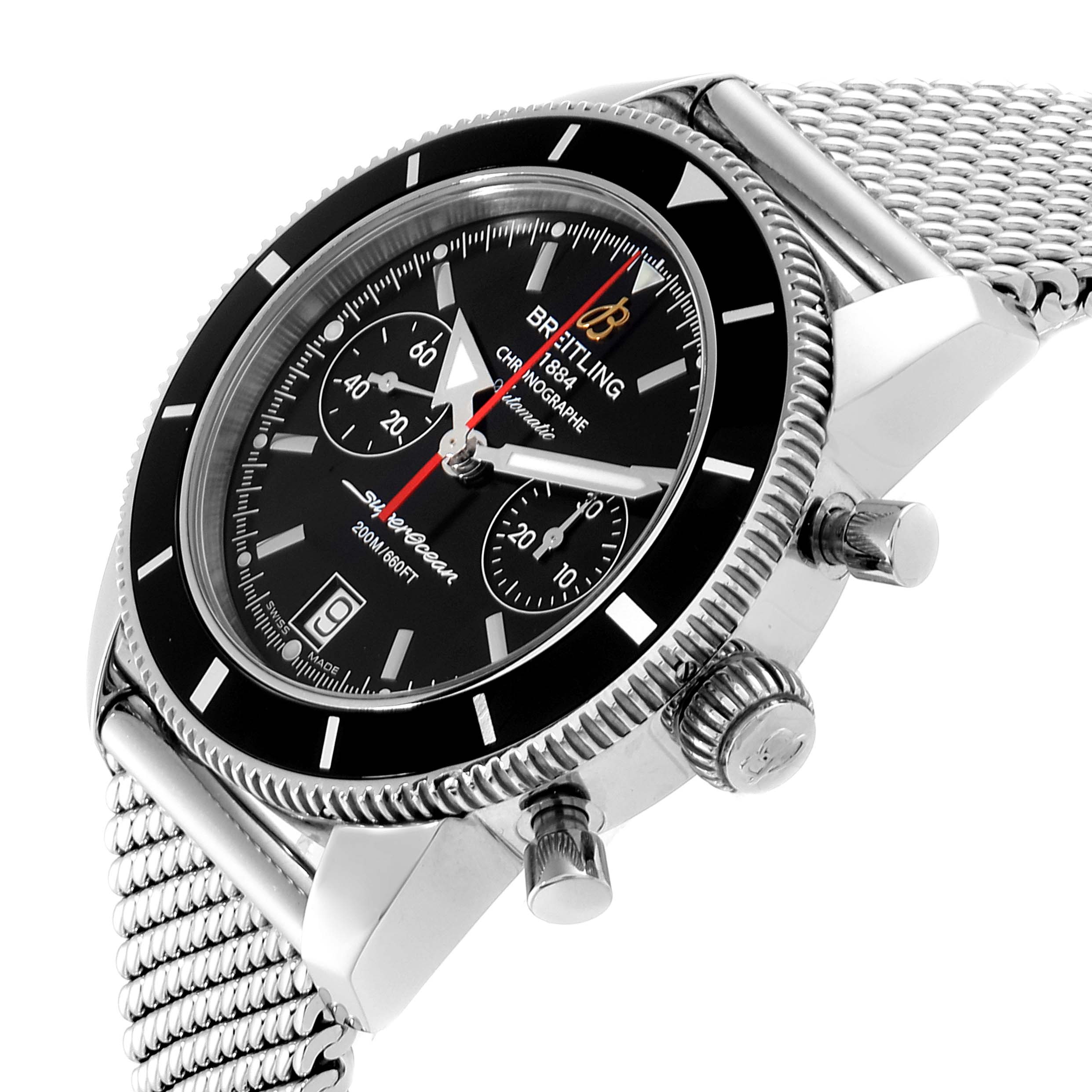 This image shows a side and front angle of the Breitling Superocean A23370 Men's Stainless Steel Black Dial A23370 Men's Stainless Steel Black Dial watch, highlighting its dial, bezel, and mesh strap.