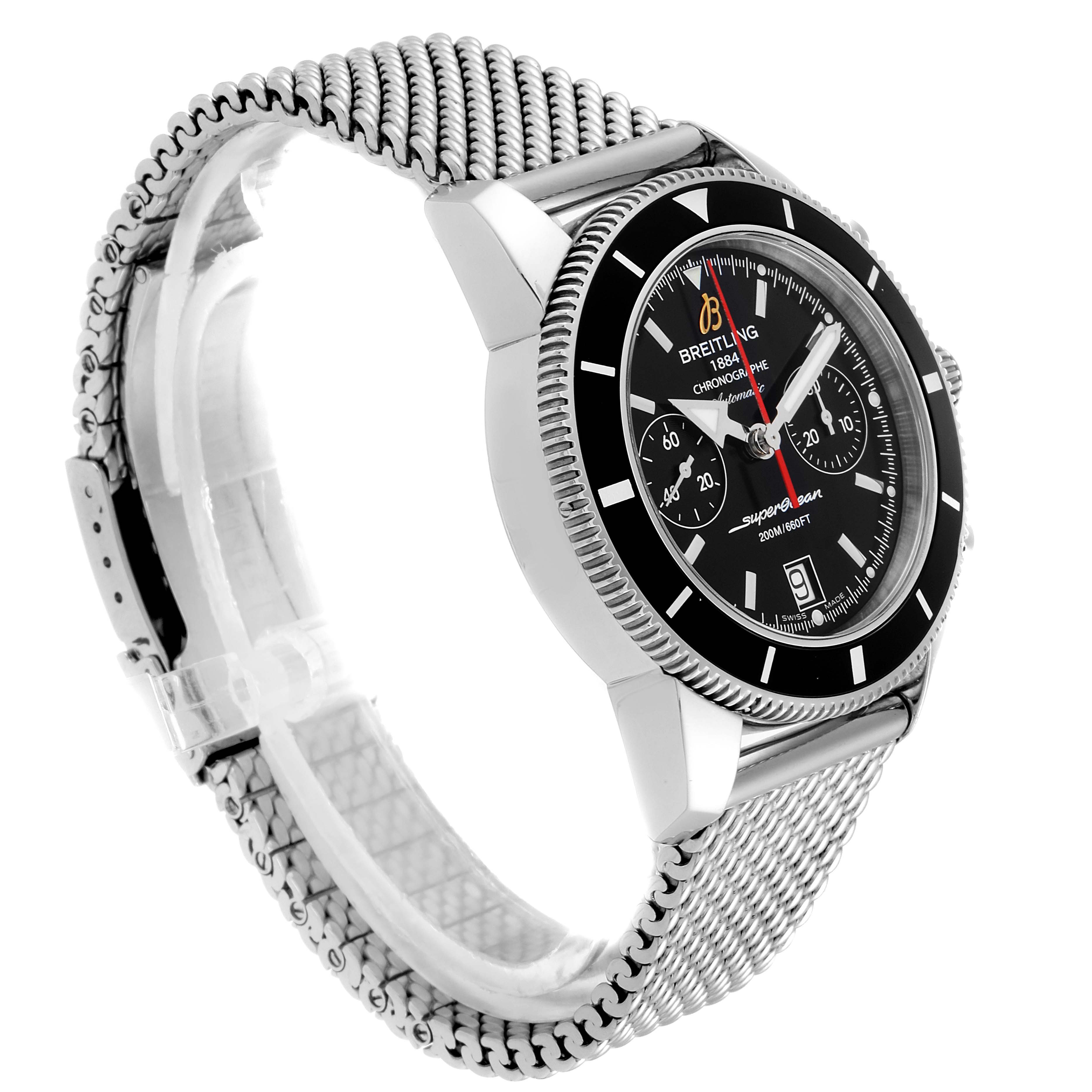 The image shows a side angle of the Breitling Superocean A23370 Men's Stainless Steel Black Dial A23370 Men's Stainless Steel Black Dial model, featuring its stainless steel mesh bracelet and black dial.
