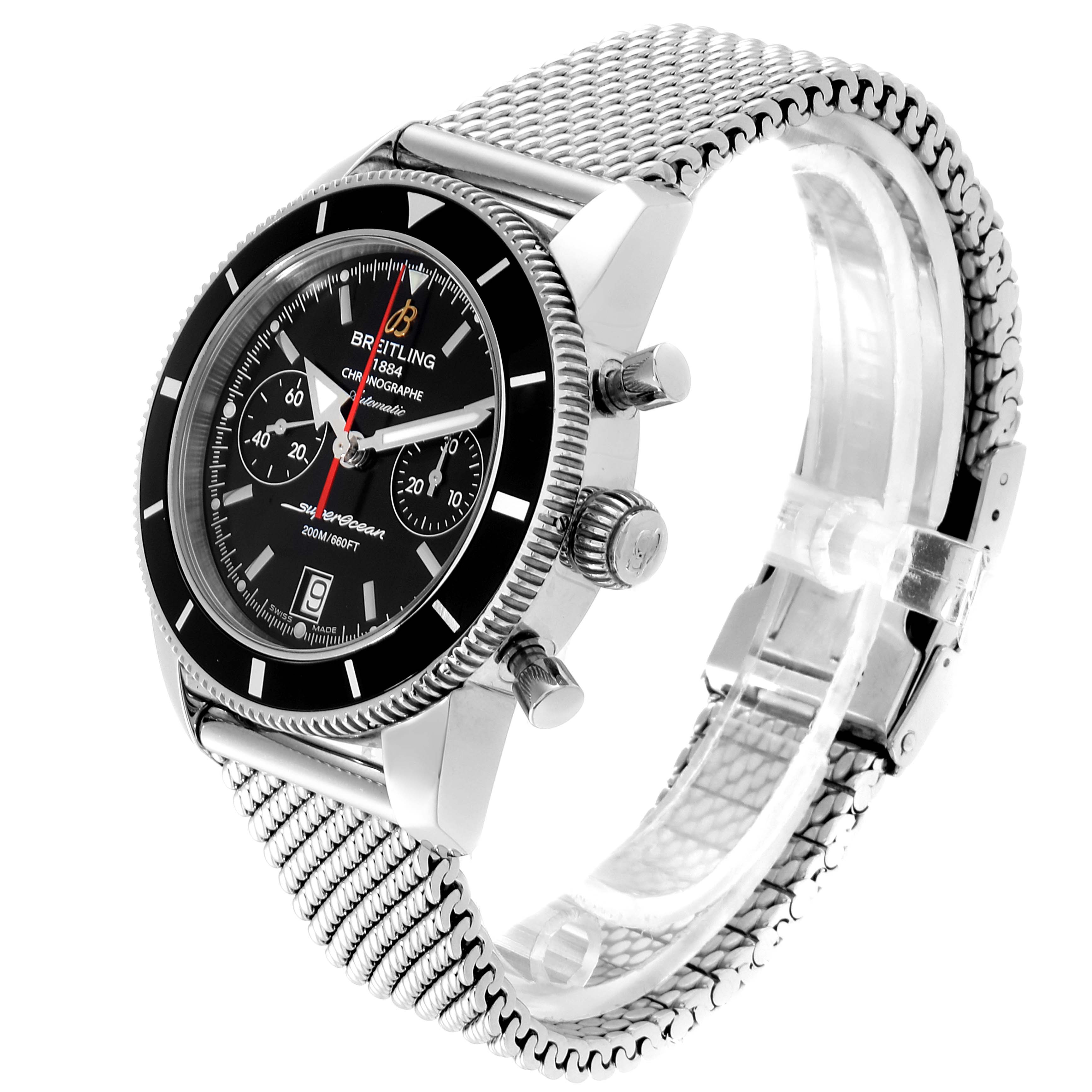 The Breitling Superocean A23370 Men's Stainless Steel Black Dial A23370 Men's Stainless Steel Black Dial watch is shown at an angle displaying its face, side buttons, crown, and metal mesh band.