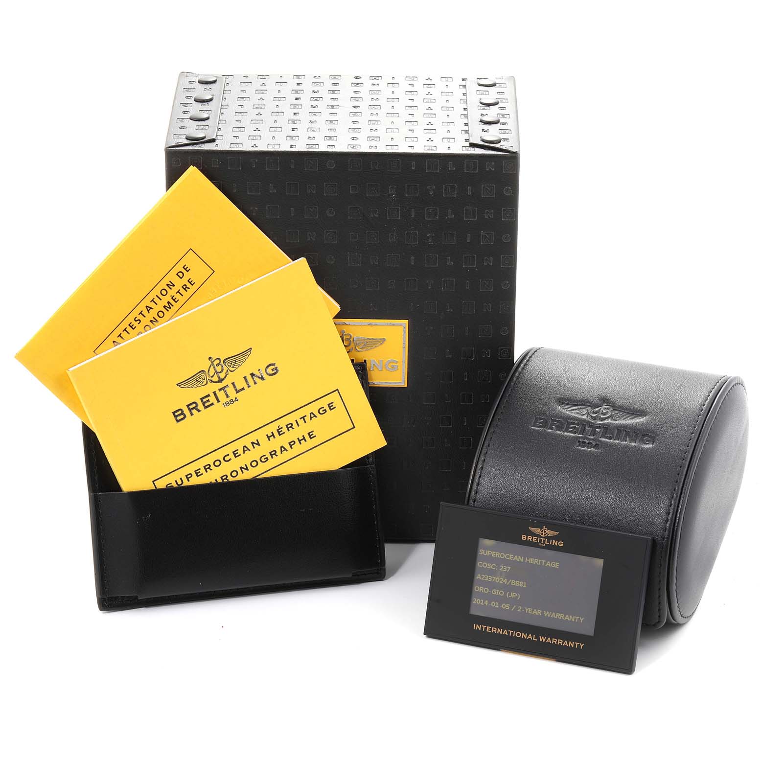 The image shows the packaging, warranty card, manual, and carrying case for a Breitling Superocean A23370 Men's Stainless Steel Black Dial A23370 Men's Stainless Steel Black Dial model watch from a front-angle view.