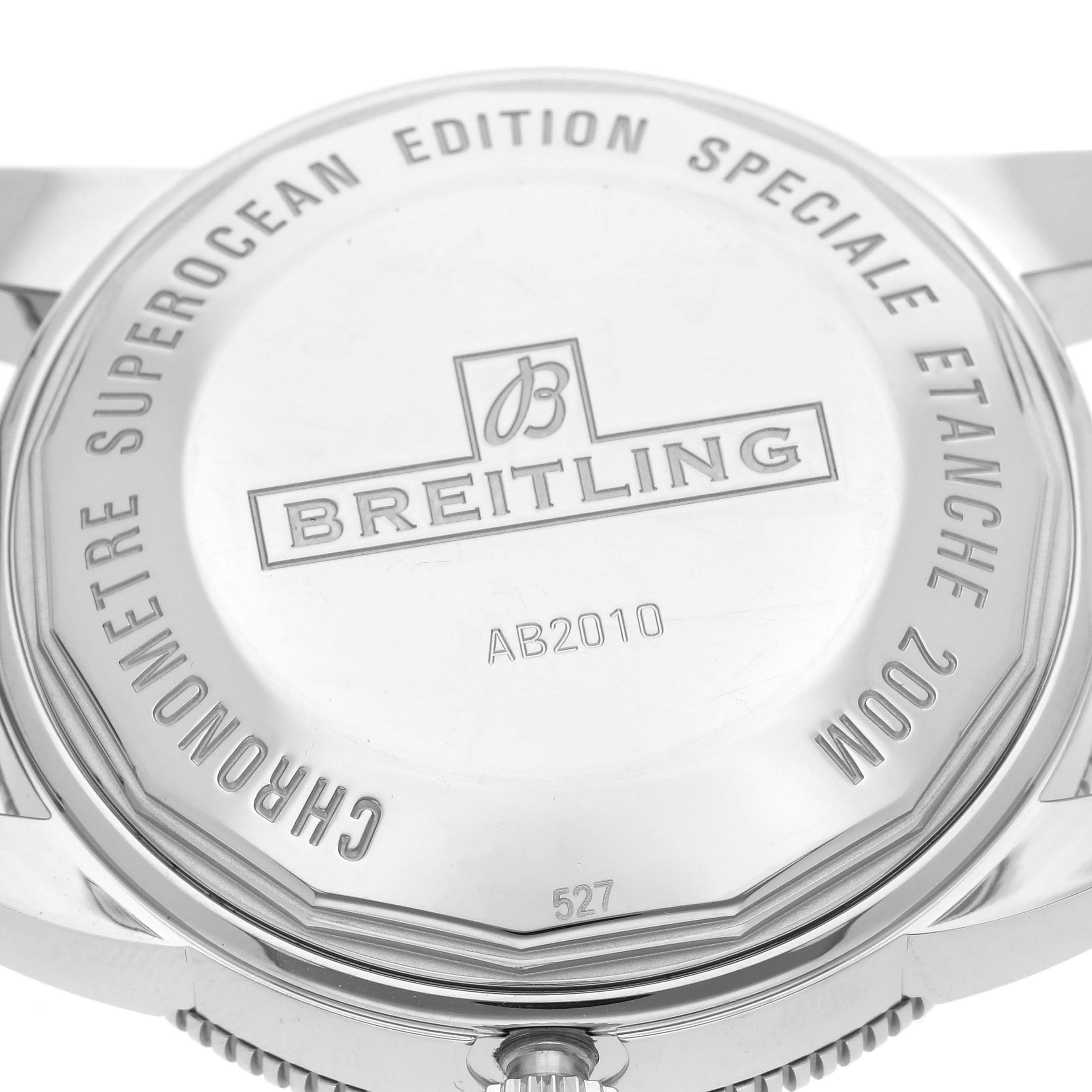 The image shows the case back of a Breitling Superocean AB2010 Men
s Stainless Steel Black Dial AB2010 Men
s Stainless Steel Black Dial model watch.