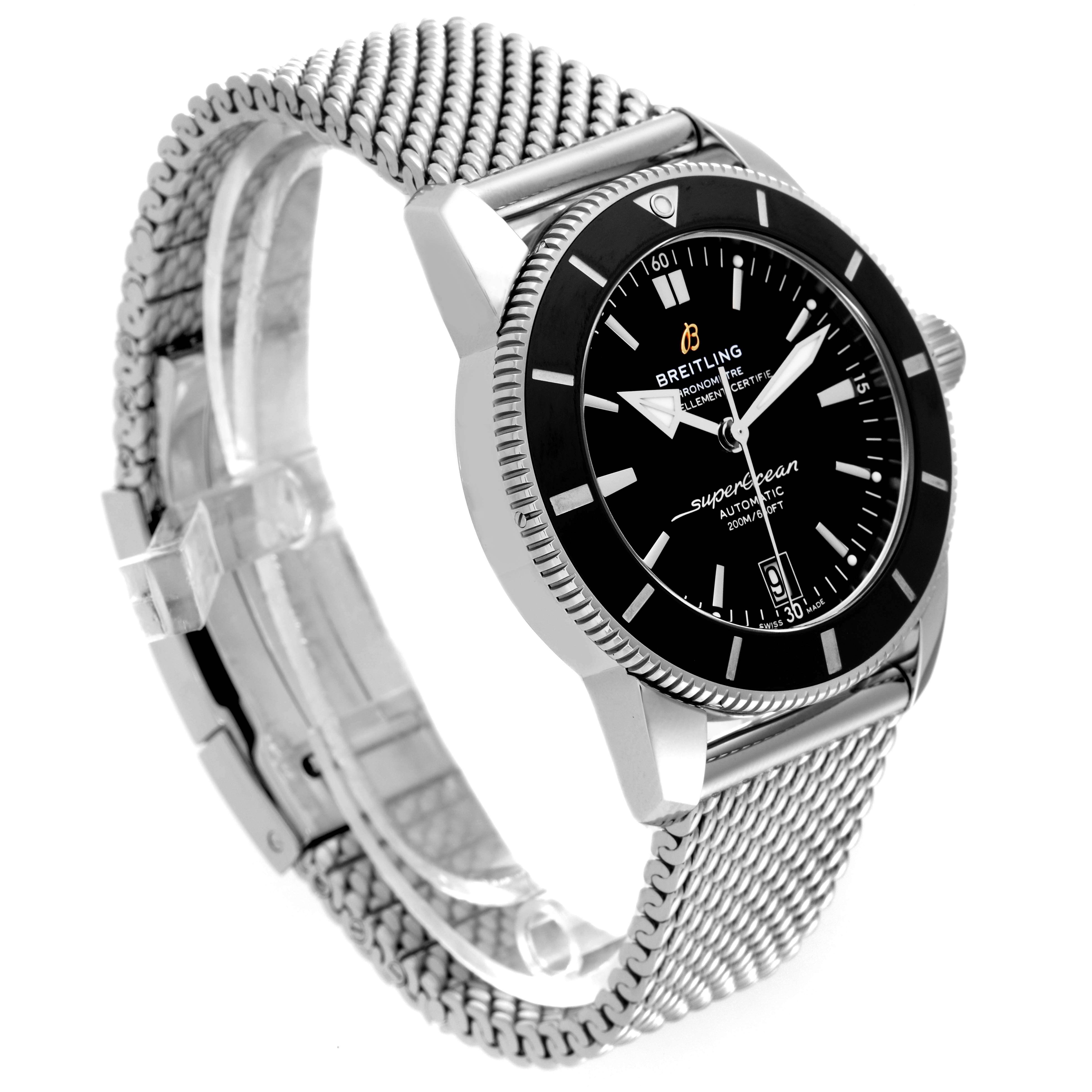 The Breitling Superocean AB2010 Men
s Stainless Steel Black Dial AB2010 Men
s Stainless Steel Black Dial watch is shown at a three-quarter angle, highlighting the mesh strap and black dial.