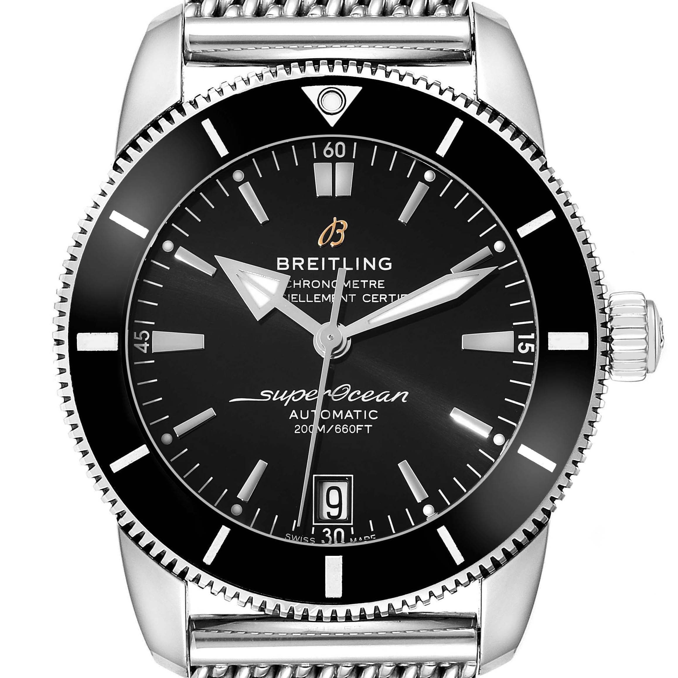 This image shows a front view of a Breitling Superocean AB2010 Men
s Stainless Steel Black Dial AB2010 Men
s Stainless Steel Black Dial watch, highlighting the dial, bezel, and crown.