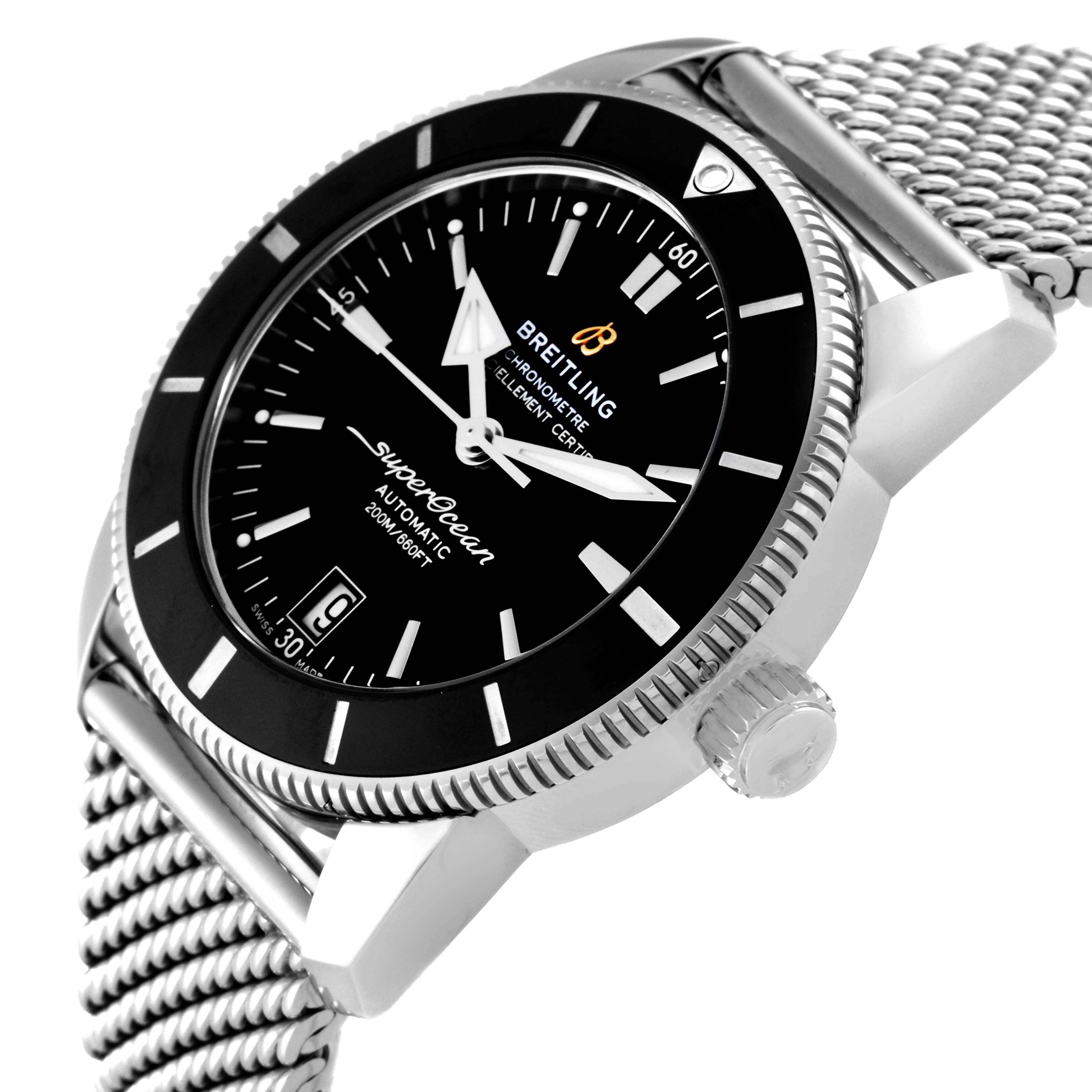 The image shows a side angle of the Breitling Superocean AB2010 Men
s Stainless Steel Black Dial AB2010 Men
s Stainless Steel Black Dial watch, highlighting the dial, bezel, crown, and metal mesh strap.