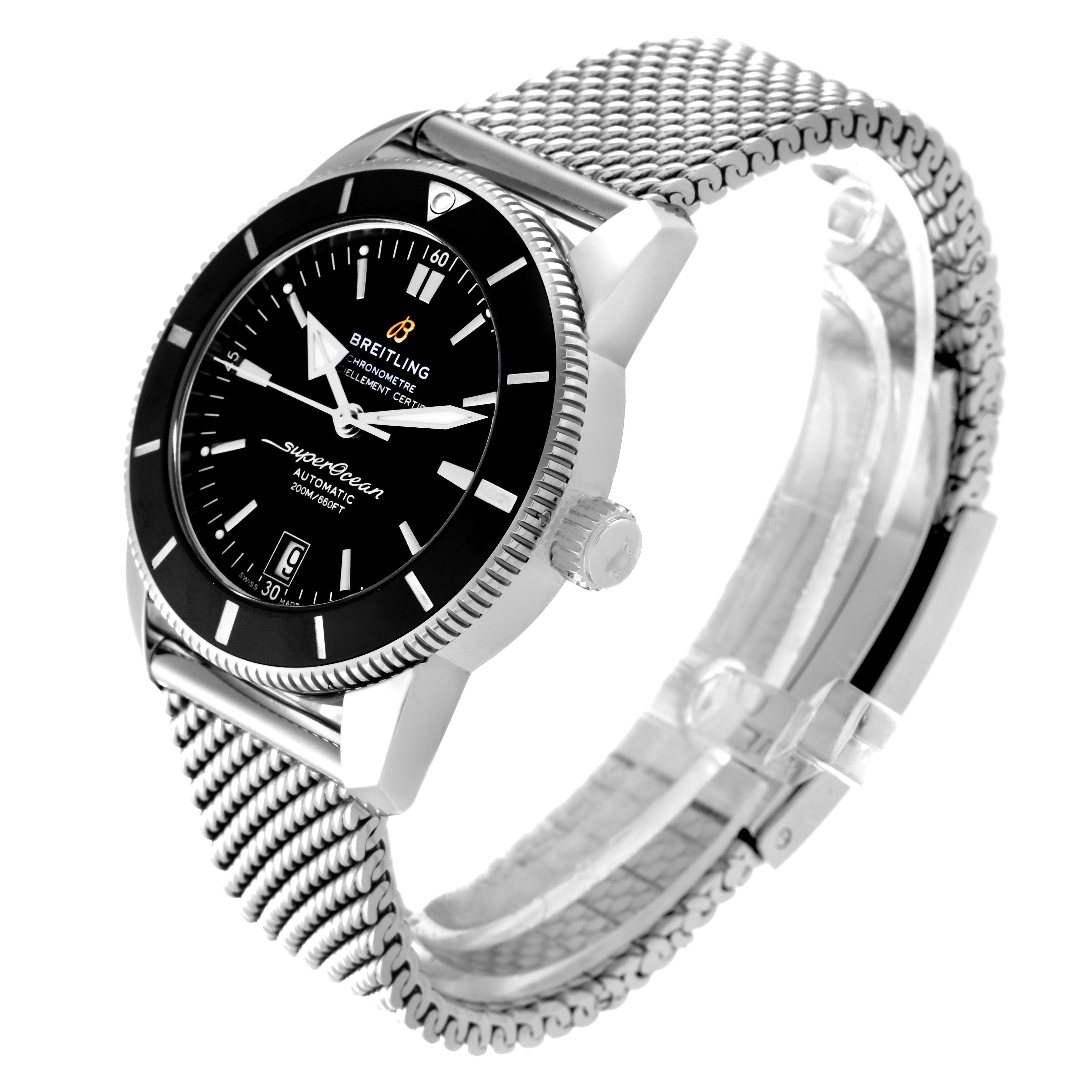 The Breitling Superocean AB2010 Men
s Stainless Steel Black Dial AB2010 Men
s Stainless Steel Black Dial watch is shown at a three-quarter angle, highlighting its black dial, bezel, and stainless steel mesh bracelet.