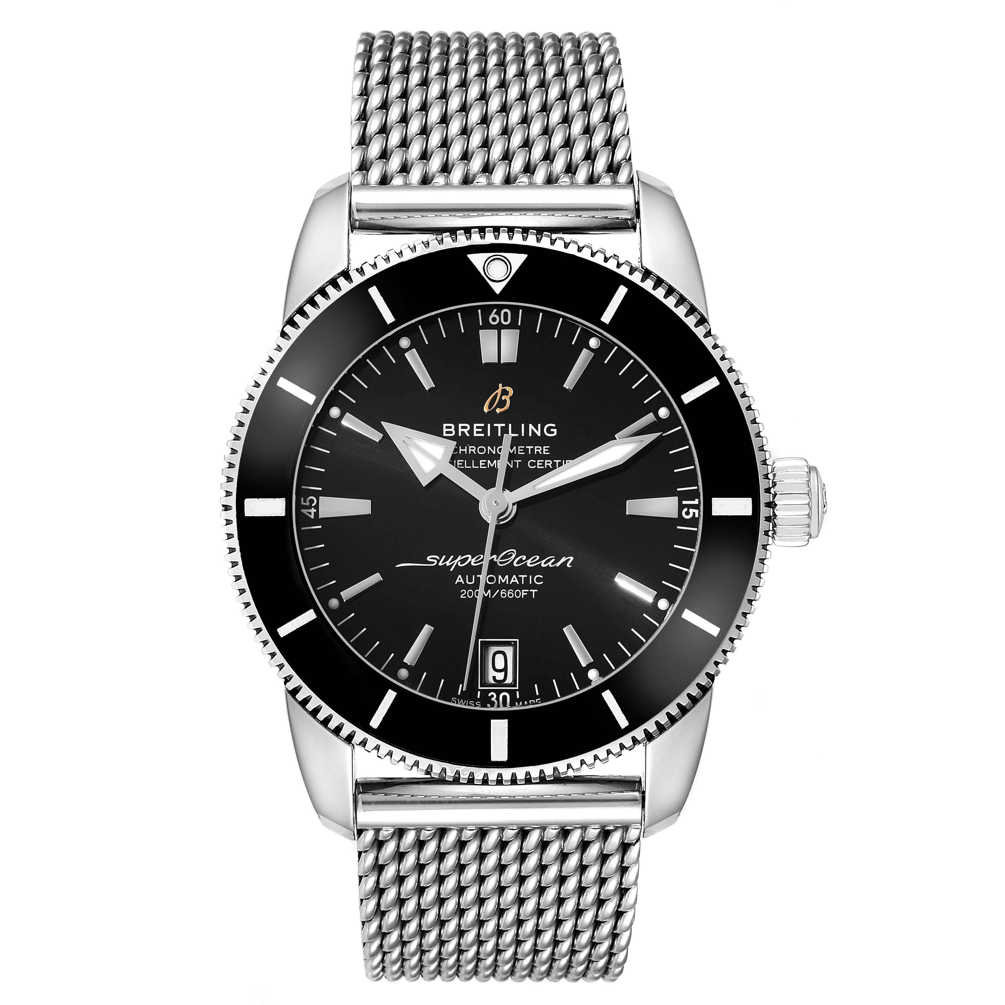 This image shows a front view of a Breitling Superocean AB2010 Men
s Stainless Steel Black Dial AB2010 Men
s Stainless Steel Black Dial watch displaying its dial, bezel, case, and metal bracelet.