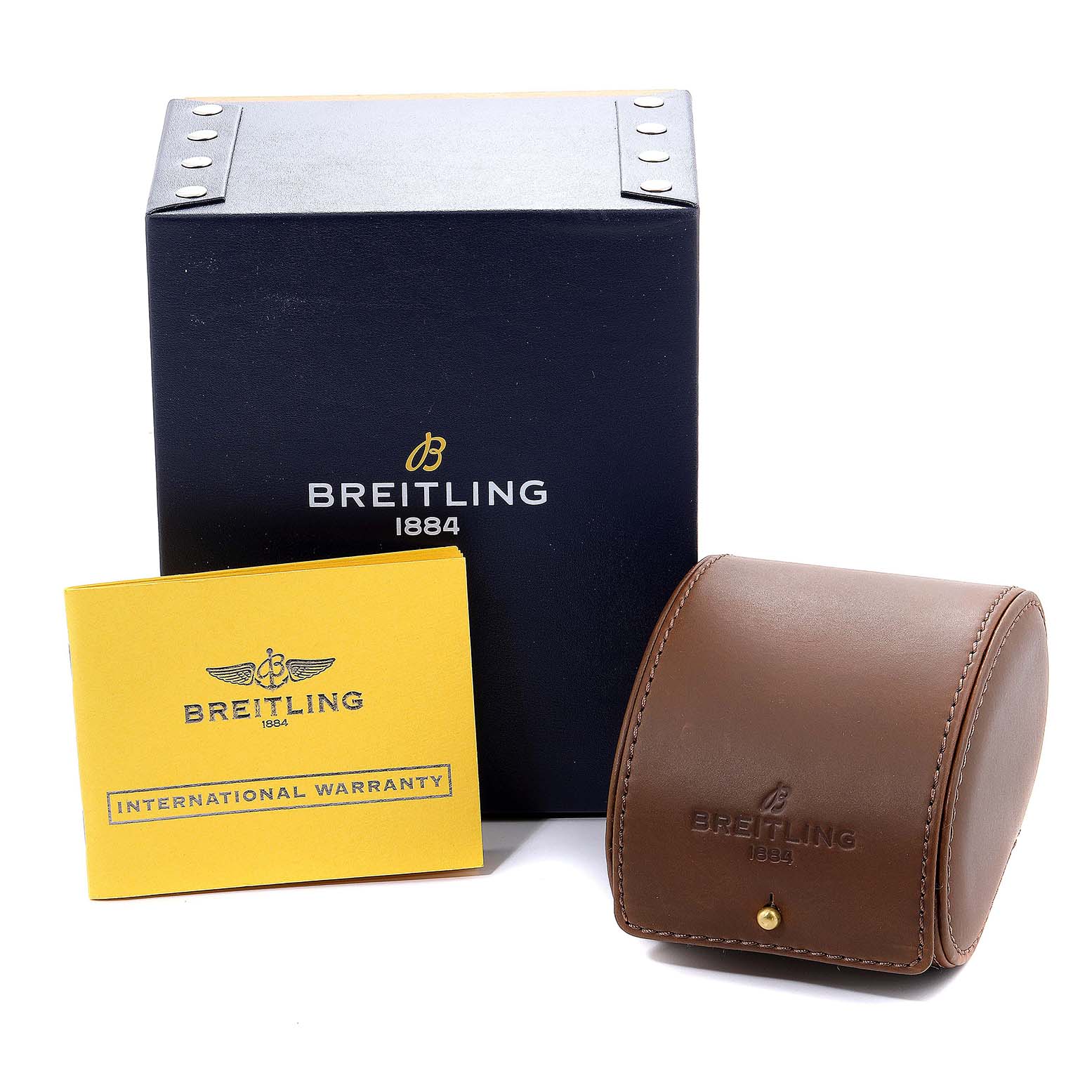 The image shows the Breitling Transocean AB0151 Men's Stainless Steel Black Dial AB0151 Men's Stainless Steel Black Dial watch packaging, including a black box, a brown leather case, and an international warranty card.