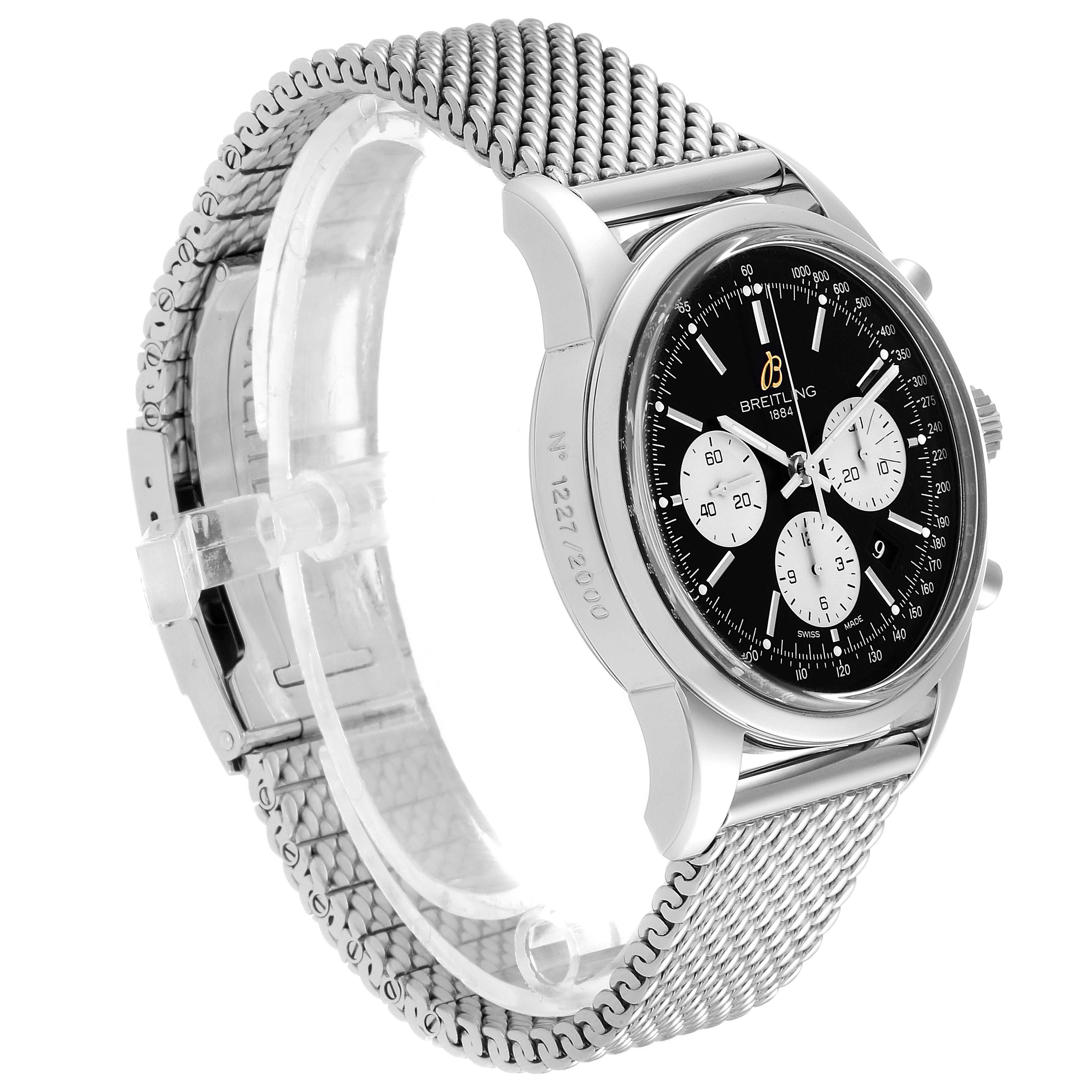 The Breitling Transocean AB0151 Men's Stainless Steel Black Dial AB0151 Men's Stainless Steel Black Dial watch is shown at an angle displaying its dial, bezel, and mesh bracelet.