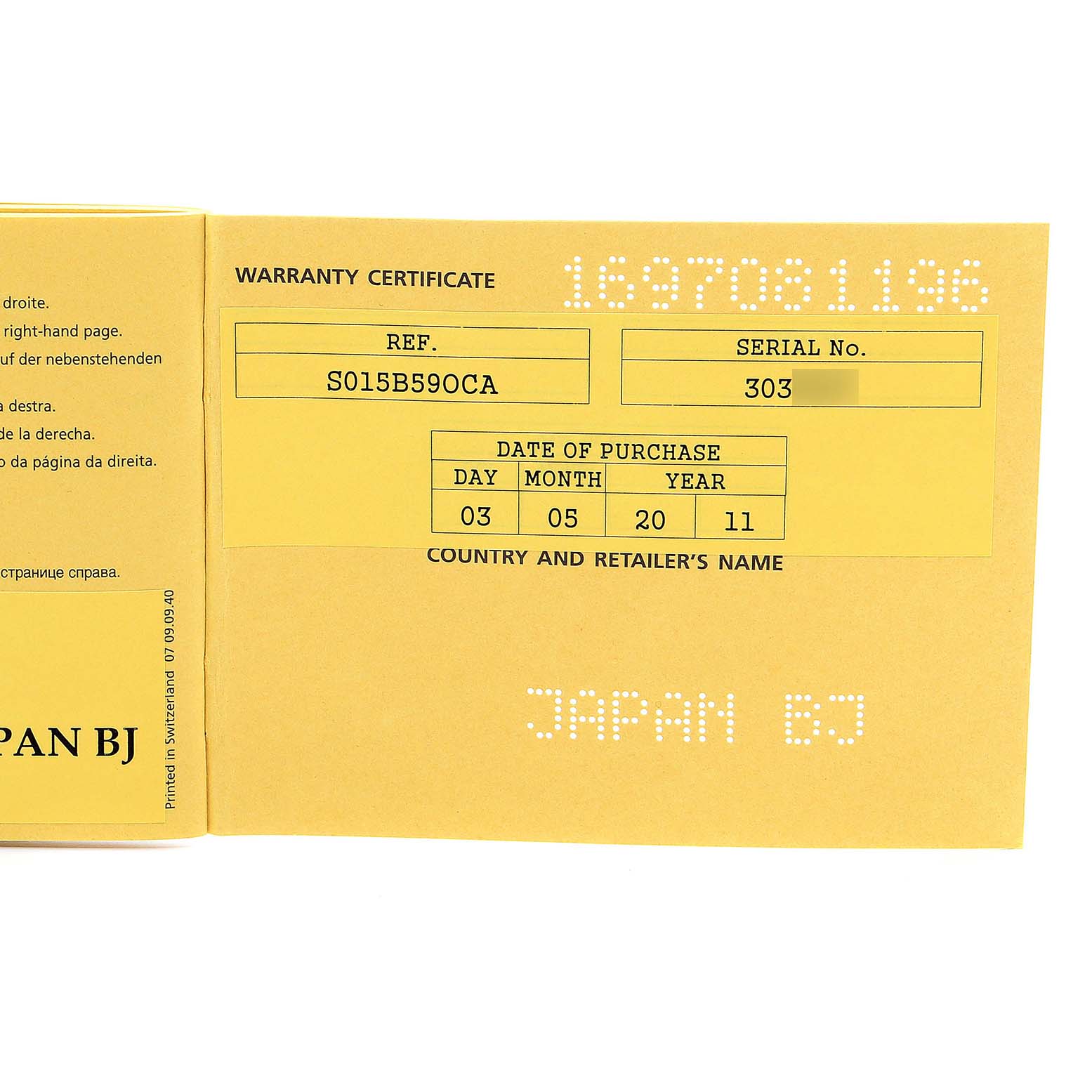 The image shows a warranty certificate for a Breitling Transocean AB0151 Men's Stainless Steel Black Dial AB0151 Men's Stainless Steel Black Dial watch, detailing the reference, serial number, and purchase date.