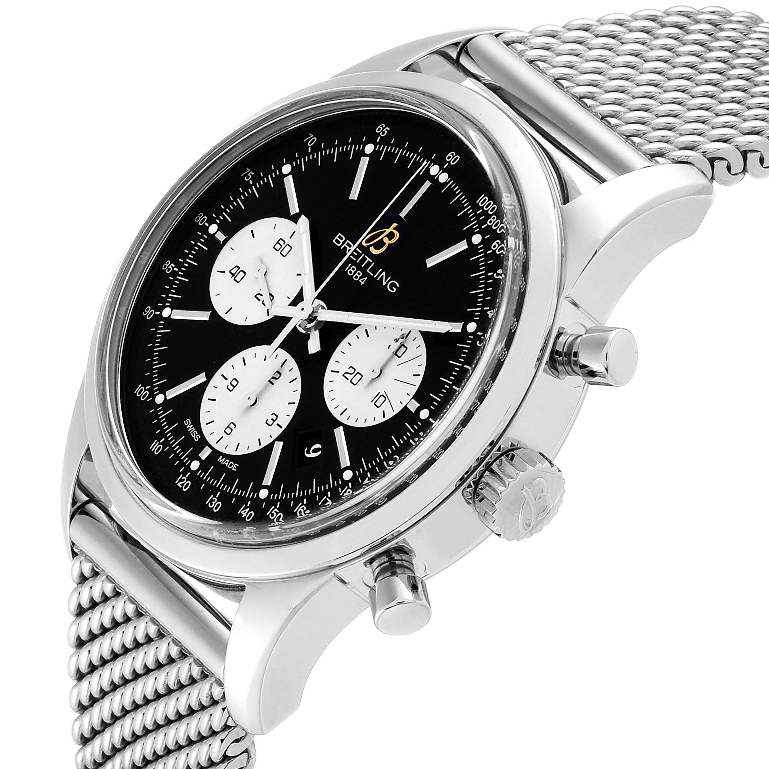 The image displays a side angle of the Breitling Transocean AB0151 Men's Stainless Steel Black Dial AB0151 Men's Stainless Steel Black Dial watch, highlighting the crown, pushers, and mesh band.