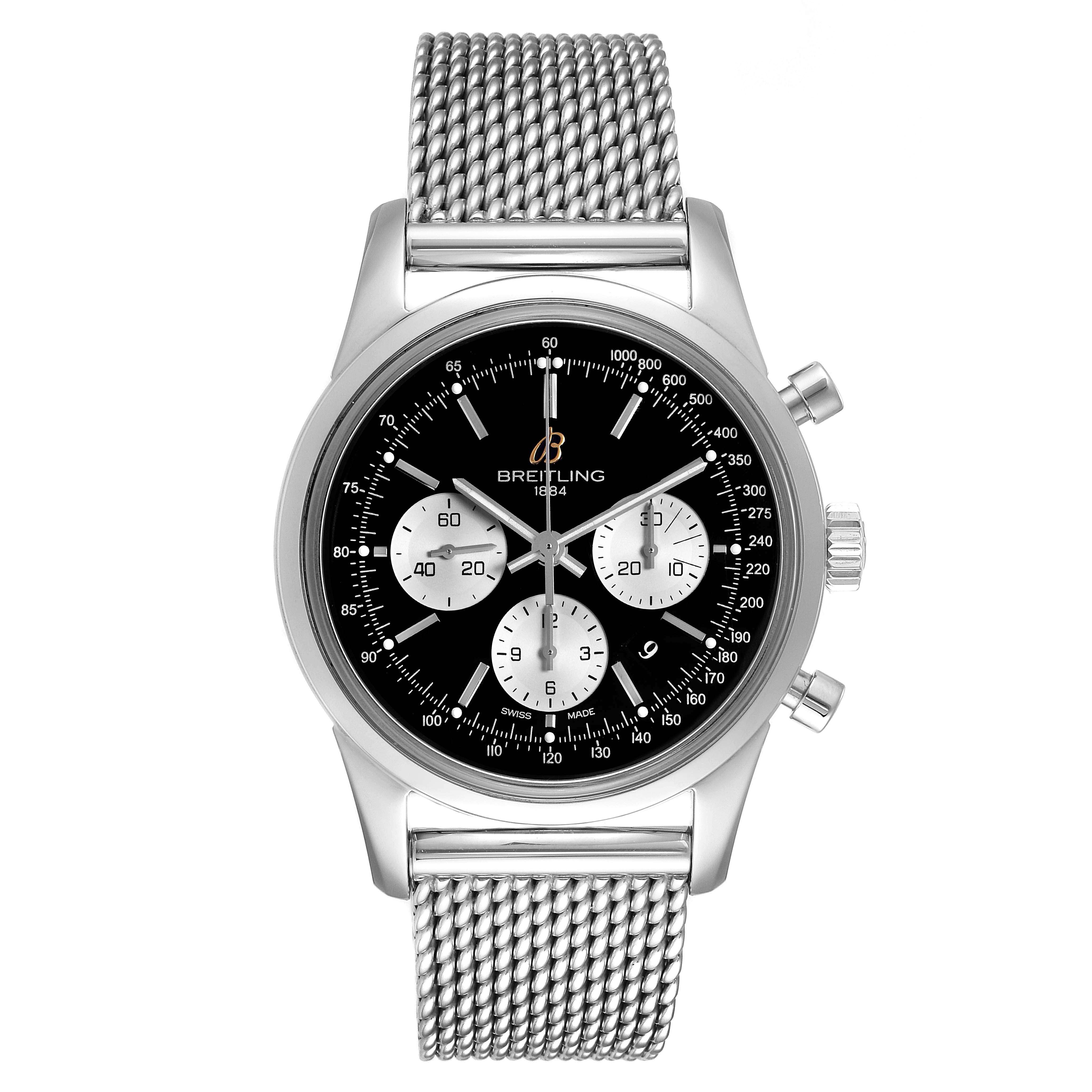The Breitling Transocean AB0151 Men's Stainless Steel Black Dial AB0151 Men's Stainless Steel Black Dial watch is shown from the front, displaying its black dial, three subdials, and silver mesh bracelet.