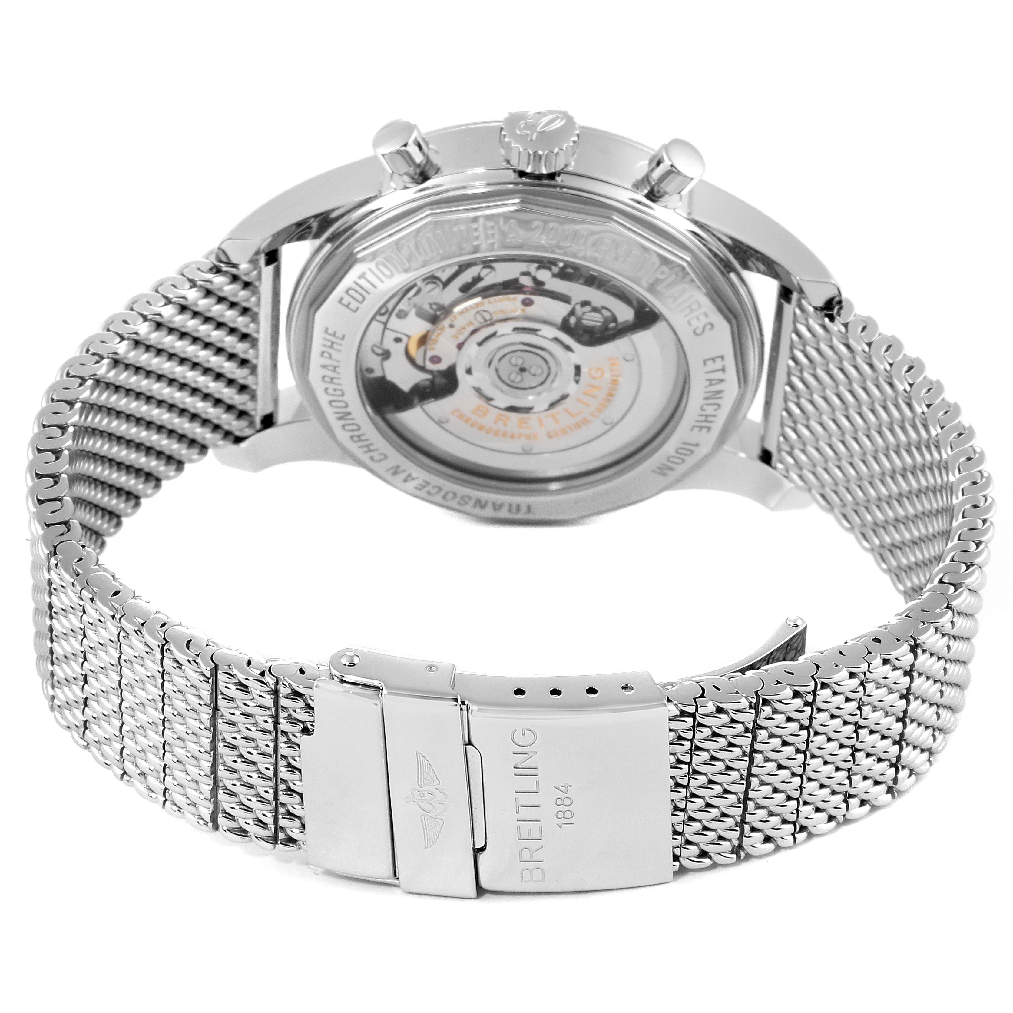 The image shows the back view of a Breitling Transocean AB0151 Men's Stainless Steel Black Dial AB0151 Men's Stainless Steel Black Dial watch, highlighting its movement and stainless steel mesh bracelet.