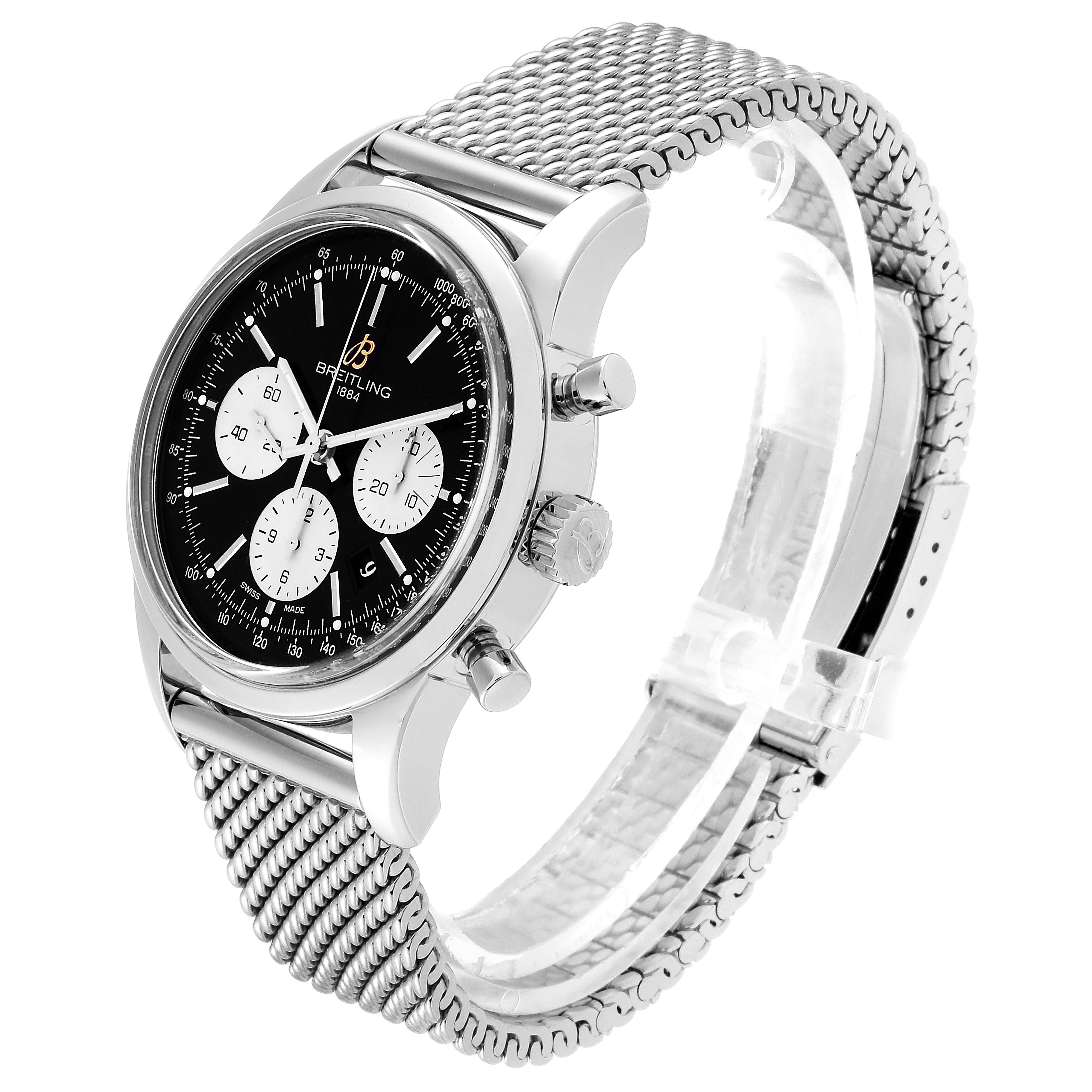 The Breitling Transocean AB0151 Men's Stainless Steel Black Dial AB0151 Men's Stainless Steel Black Dial watch is shown at an angle displaying the face, side buttons, and metal mesh band.