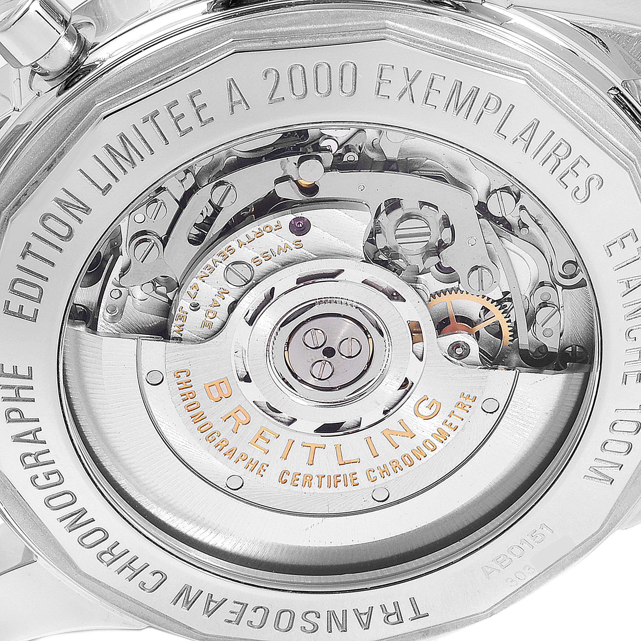 The image shows the back view of the Breitling Transocean AB0151 Men's Stainless Steel Black Dial AB0151 Men's Stainless Steel Black Dial model, displaying the intricate mechanical movement and engraved details.