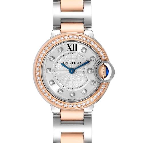 The Cartier Ballon Bleu W3BB0009 Women's Steel and Gold (two tone) Silver Dial watch is shown from the front, showcasing its diamond-studded bezel and round face with blue hands.
